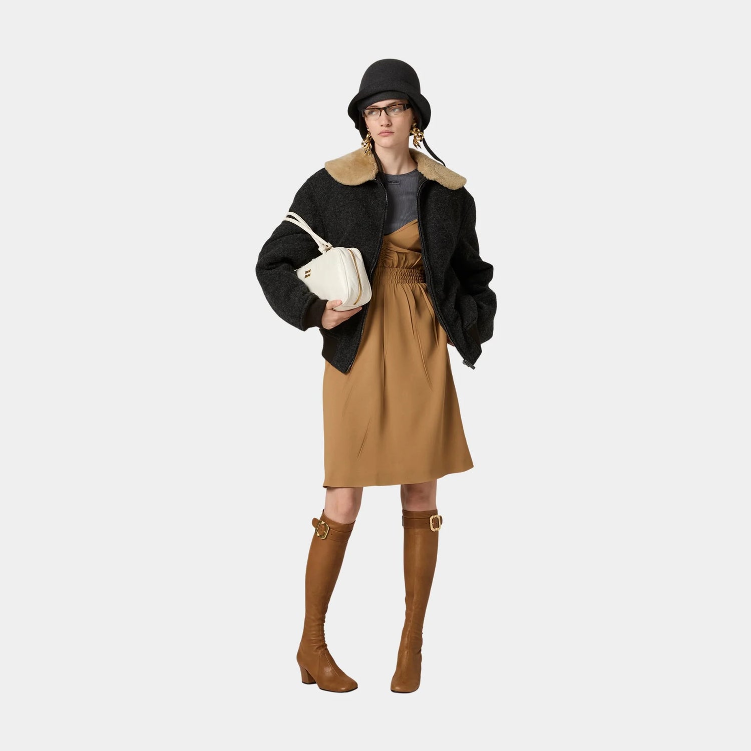 Miu Miu Shetland Wool Blouson Jacket, Anthracite Gray, Model, Front