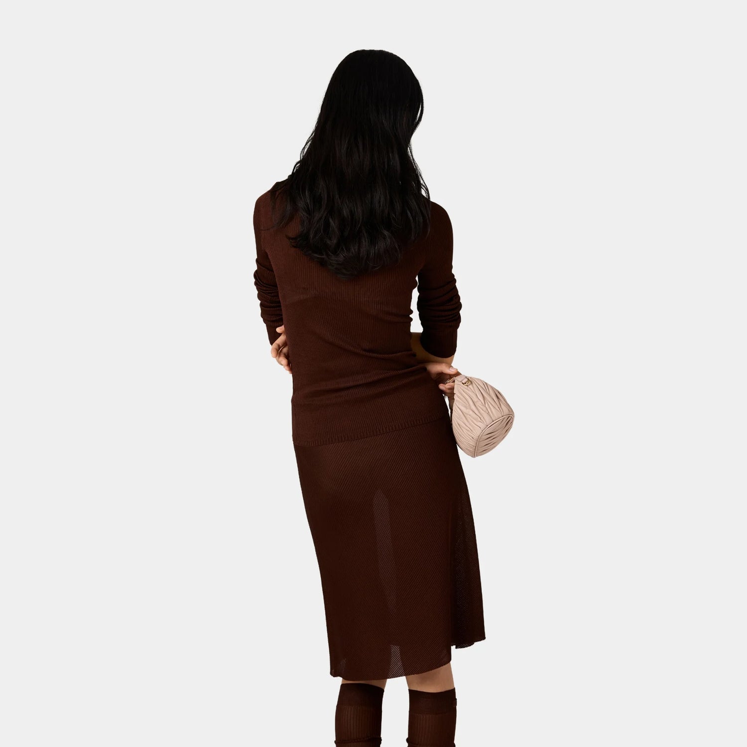 Miu Miu Silk V-neck Sweater, Cocoa Brown, Model