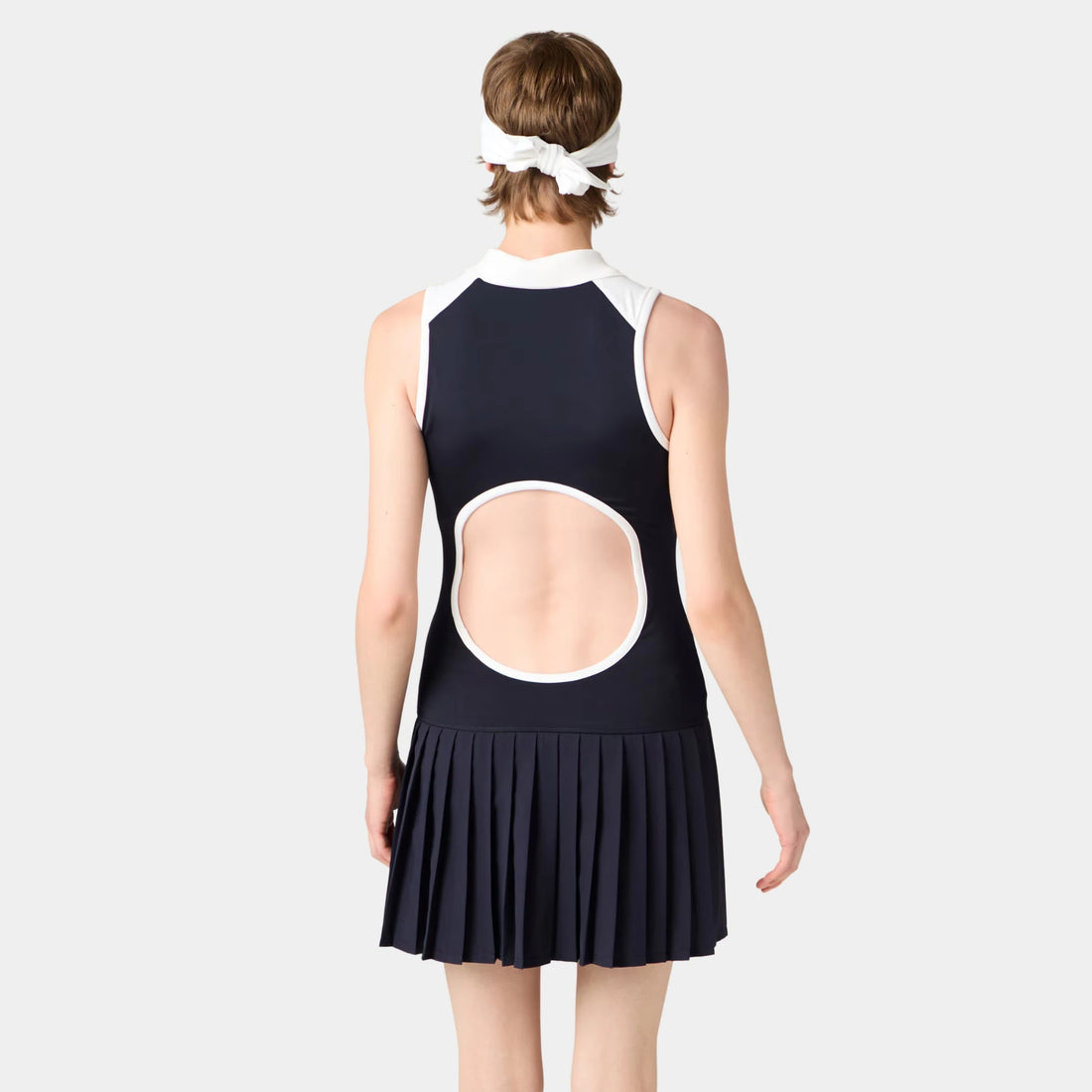 Miu Miu Stretch Technical Jersey Dress, White, Baltic Blue, Model, Back