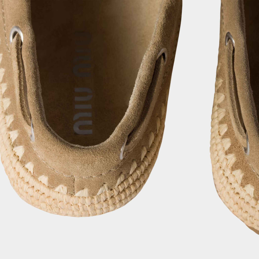 Miu Miu Suede and Raffia Boat Shoes, Ecru, Close