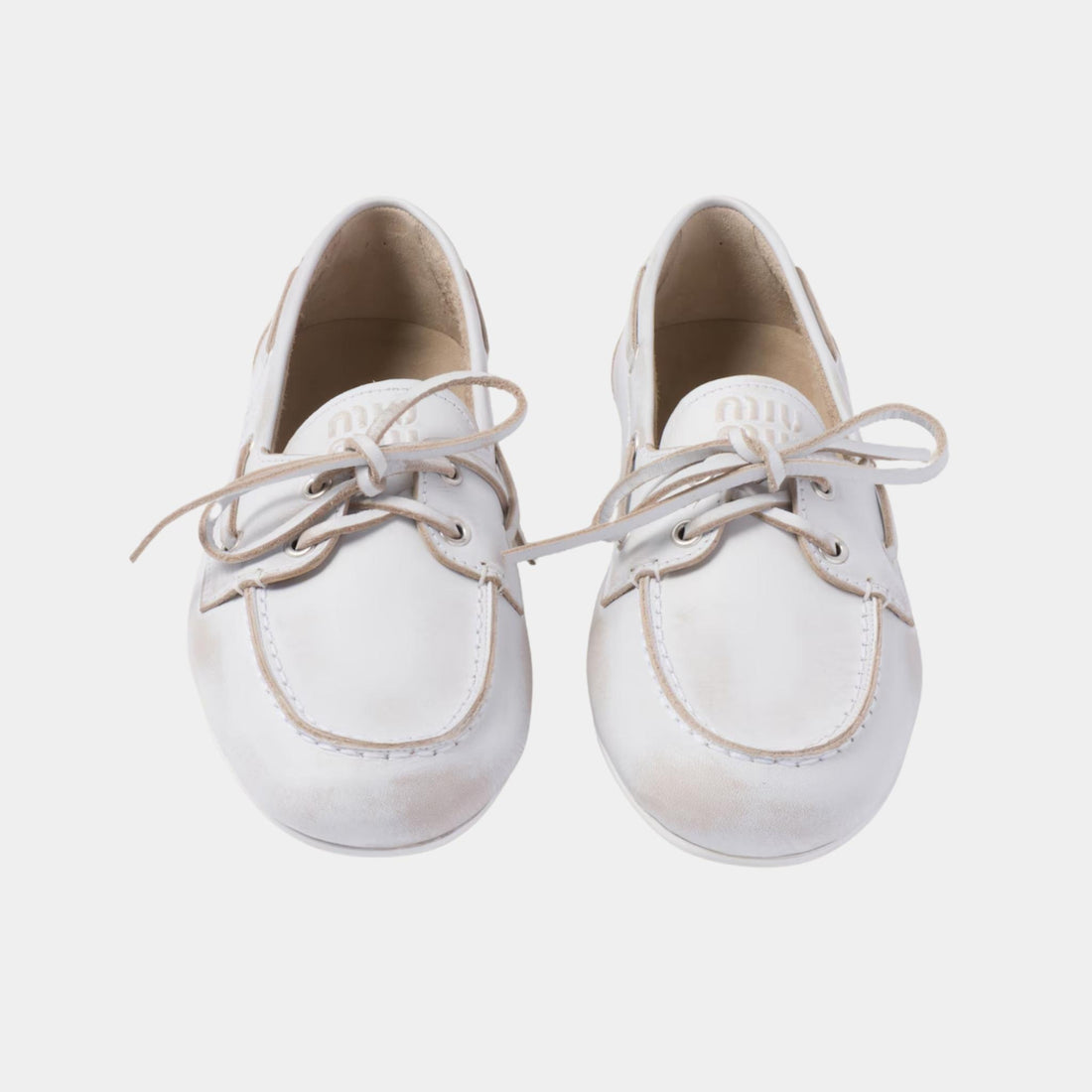 Miu Miu Unlined Bleached Leather Boat Shoes, White, Top