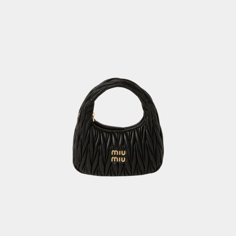 Miu Miu Wander Matelassé Nappa Leather Hobo Bag, Black, FrontView