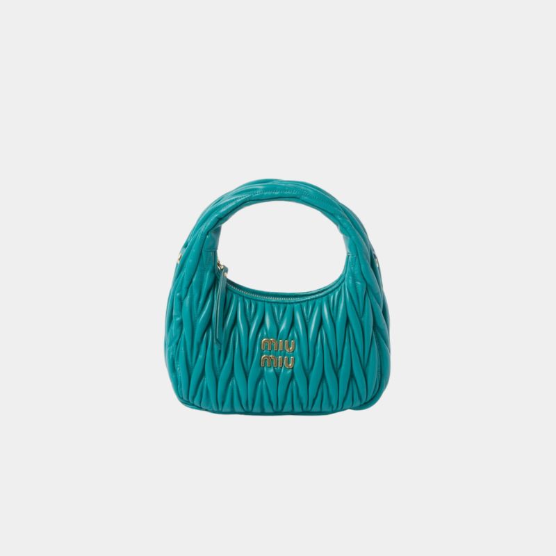 Miu Miu Wander Matelassé Nappa Leather Hobo Bag, PeacockBlue, FrontView