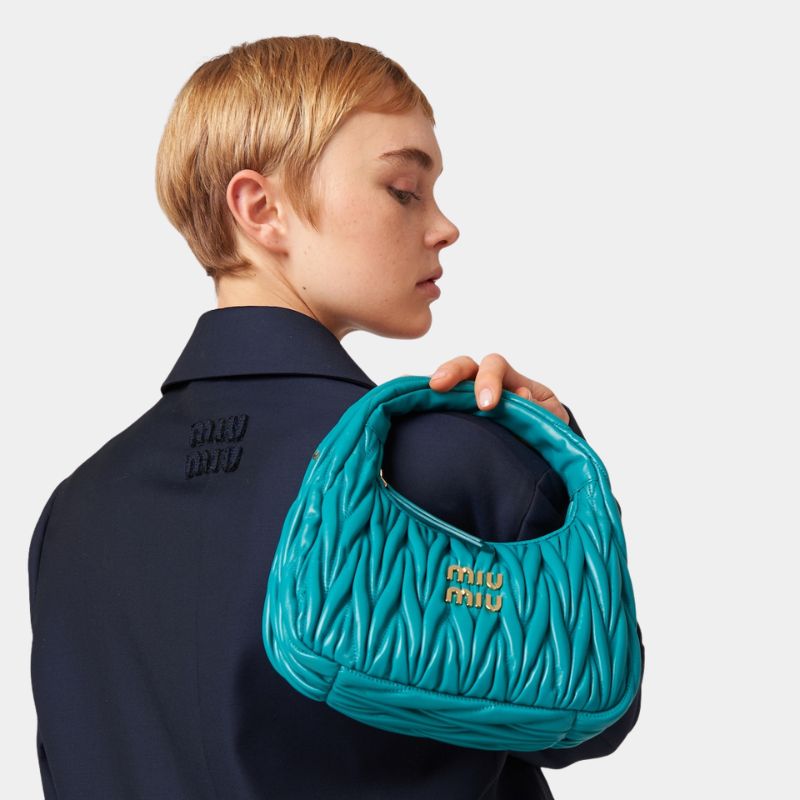 Miu Miu Wander Matelassé Nappa Leather Hobo Bag, PeacockBlue, ModelView