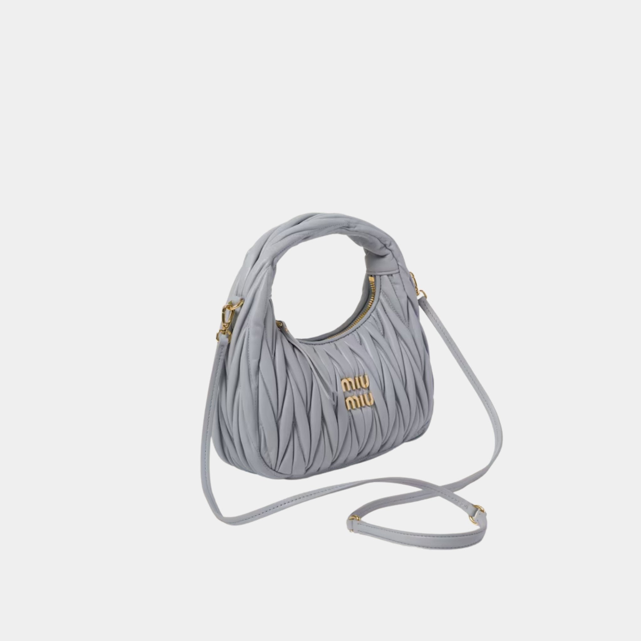 Miu Miu Wander Matelasse Nappa Leather Hobo Bag, Pearl Gray, Side