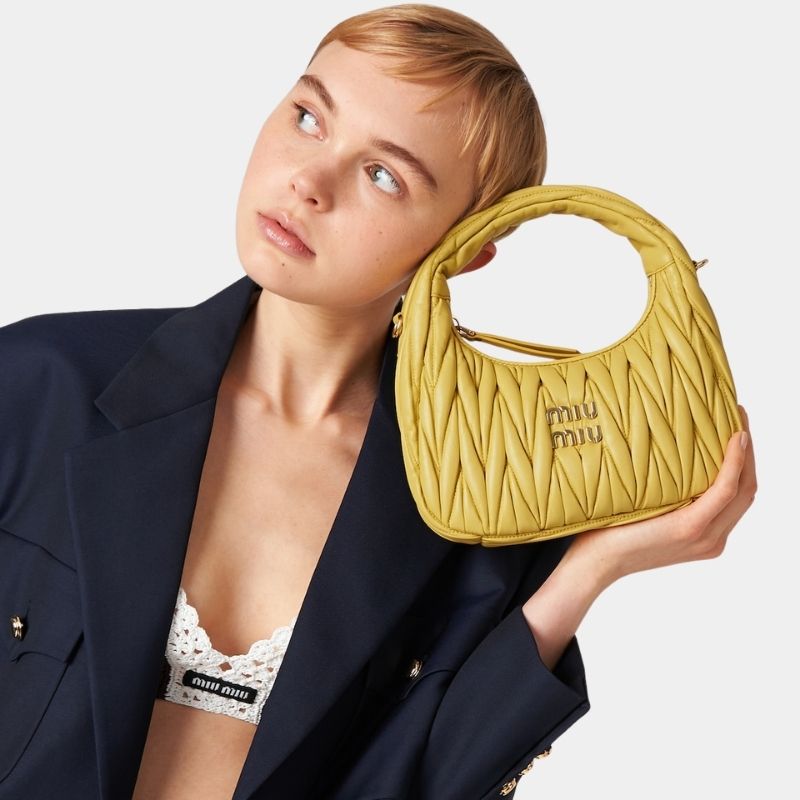 Miu Miu Wander Matelassé Nappa Leather Hobo Bag, Pineapple, ModelView