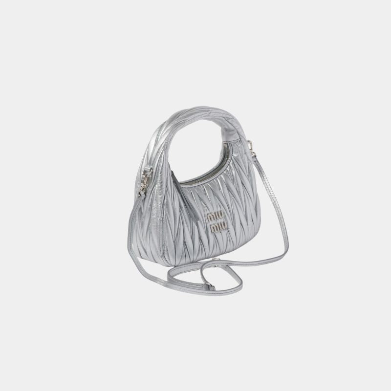 Miu Miu Wander Matelassé Nappa Leather Hobo Bag, Silver, SideView