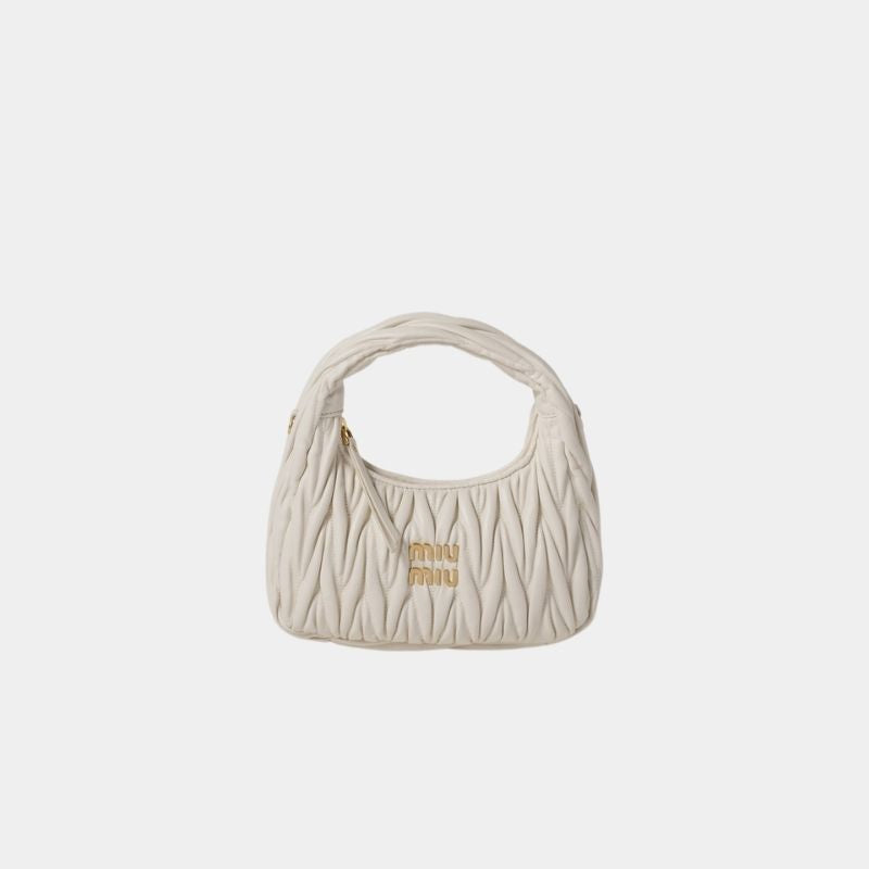 Miu Miu Wander Matelassé Nappa Leather Hobo Bag, White, FrontView