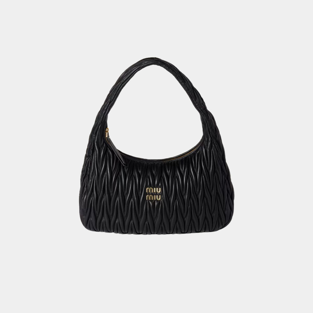 Miu Miu Wander Matelassé Nappa Leather Hobo Medium Bag, Black, Front