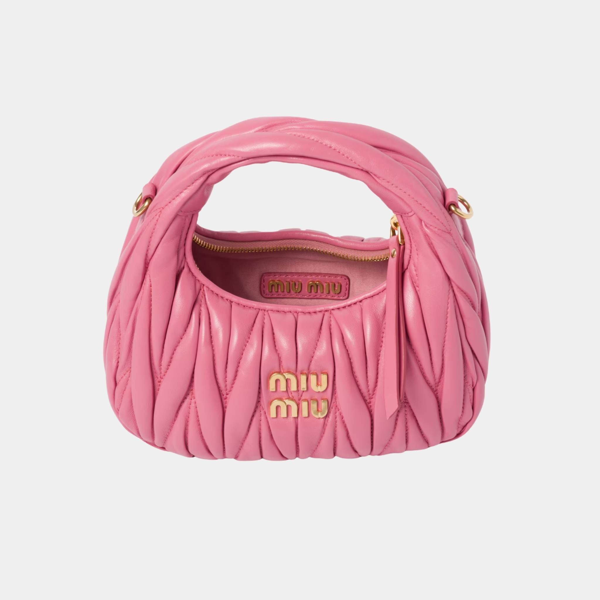 Miu Miu Wander Matelasse Nappa Leather Hobo Mini Bag, Begonia Pink, Open