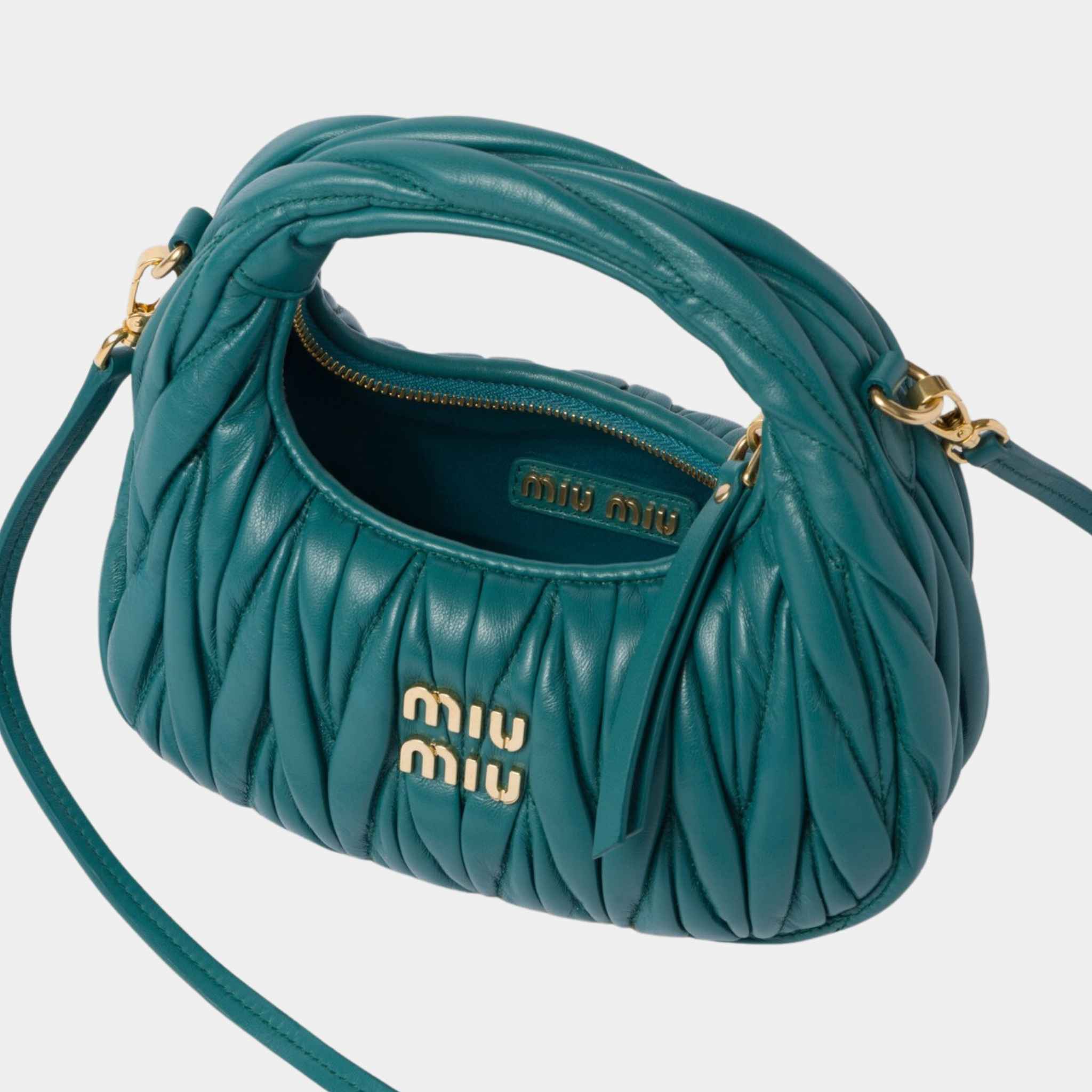 Miu Miu Wander Matelasse Nappa Leather Hobo Mini Bag, Lagoon Blue, Open