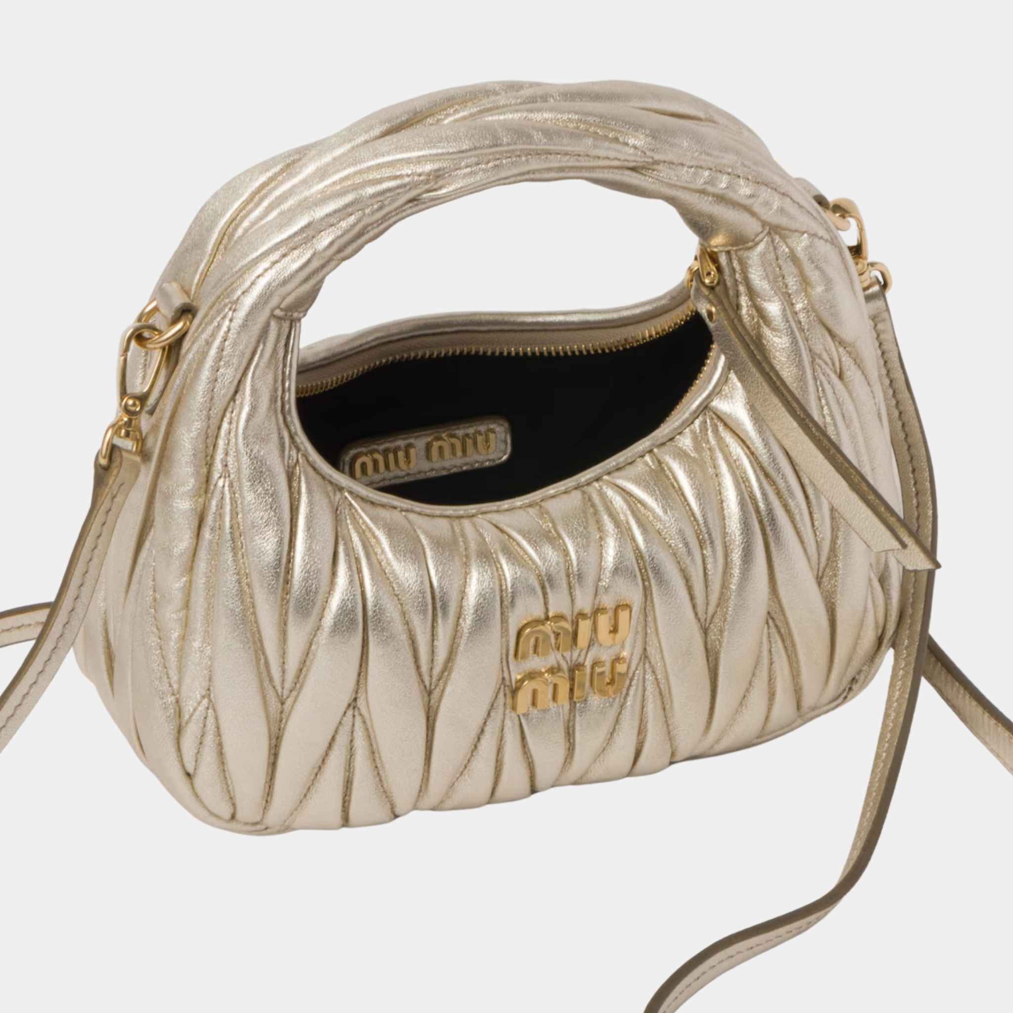 Miu Miu Wander Matelasse Nappa Leather Hobo Mini Bag, Pyrite, Open