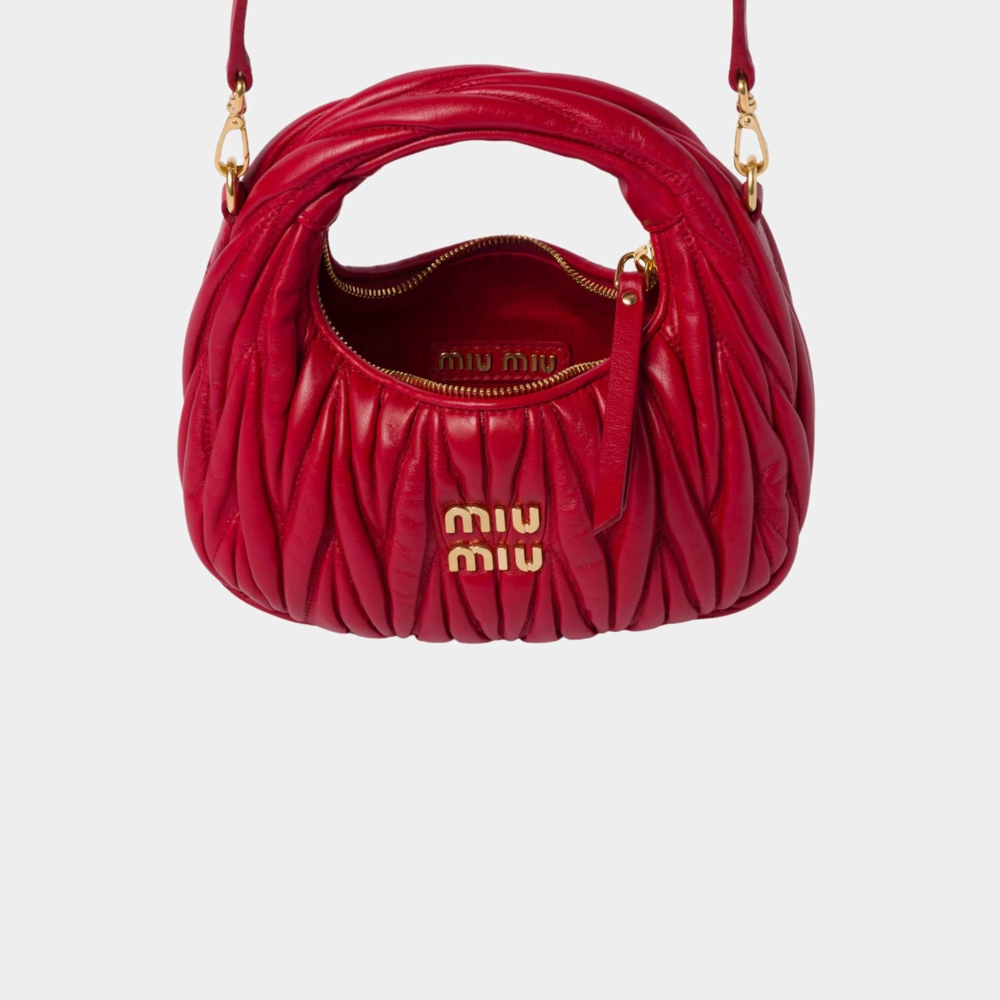 Miu Miu Wander Matelasse Nappa Leather Hobo Mini Bag, Red, Open