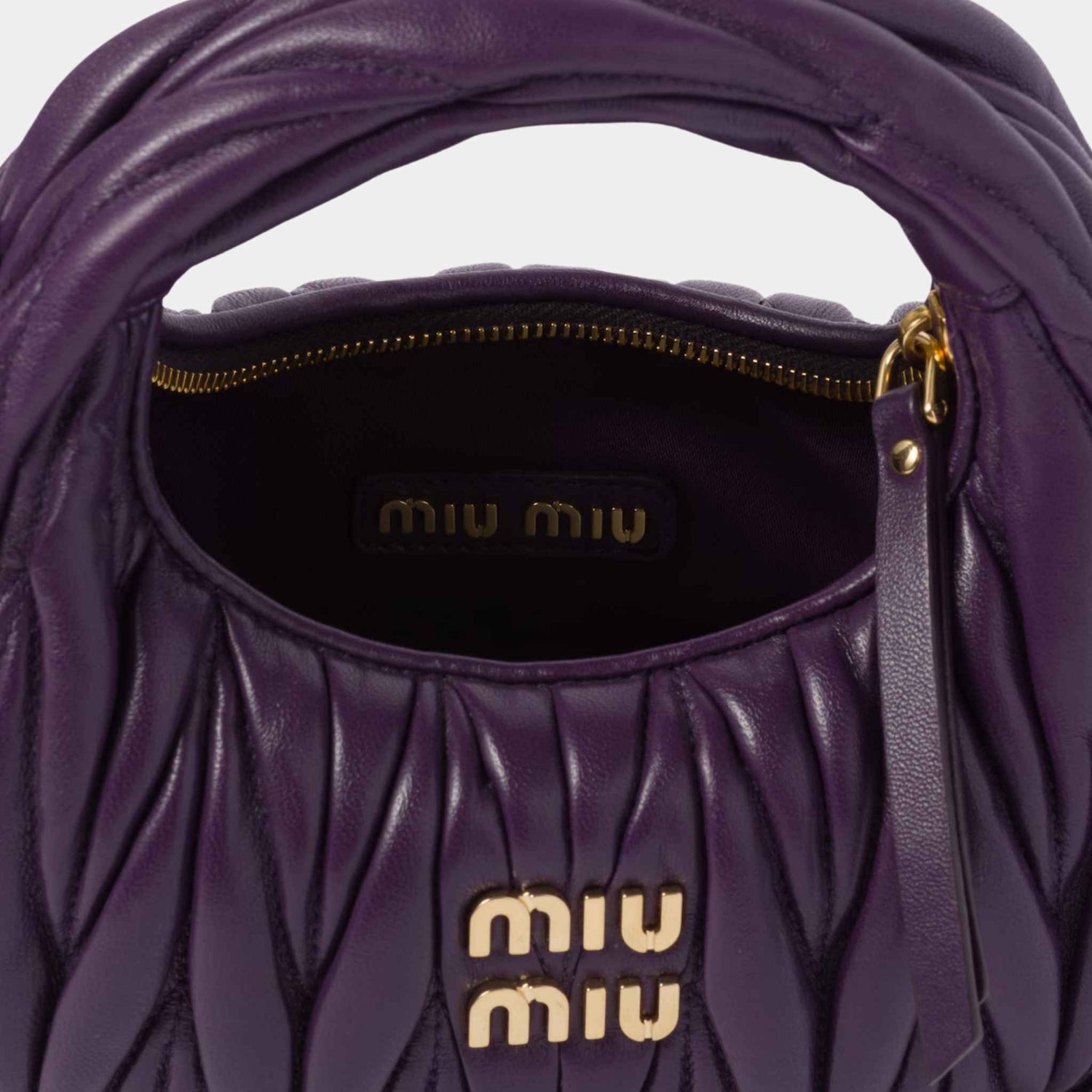 Miu Miu Wander Matelasse Nappa Leather Hobo Mini Bag, Violet, Open