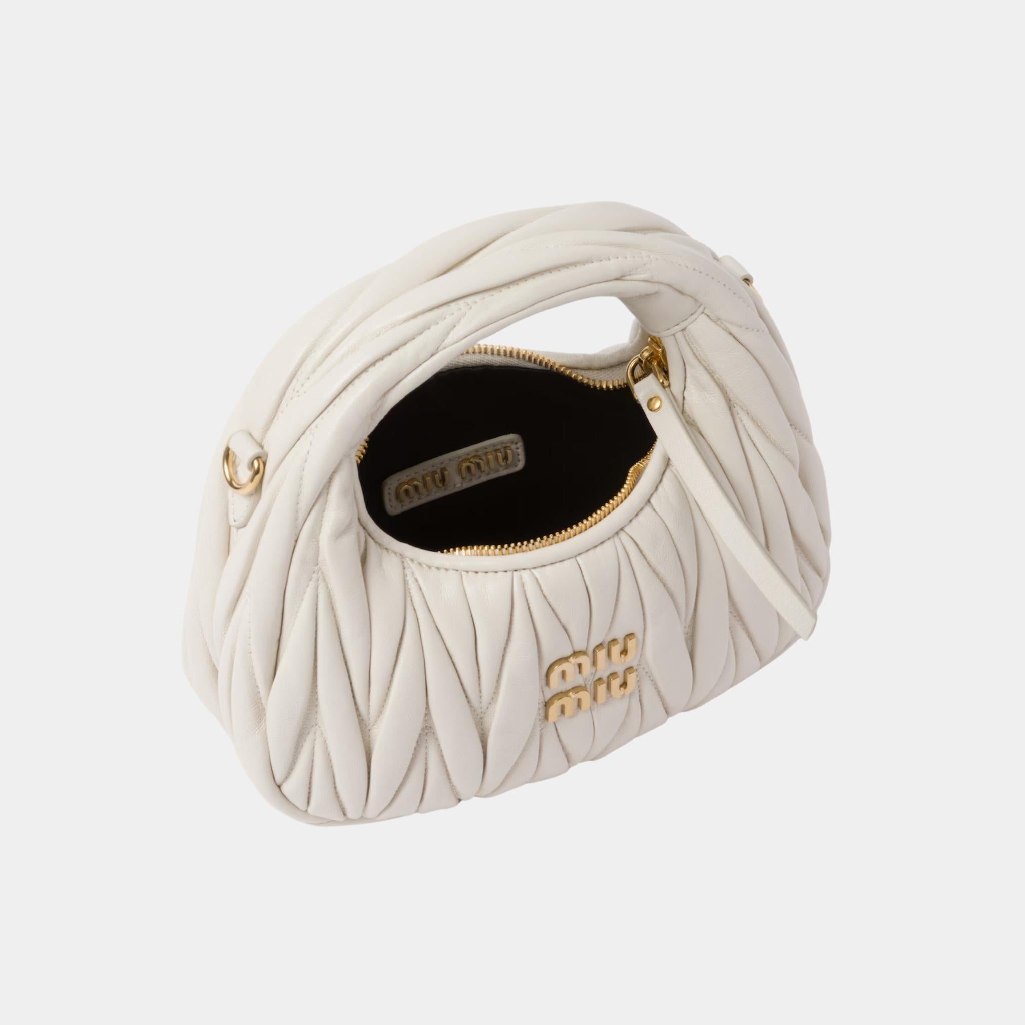 Miu Miu Wander Matelasse Nappa Leather Hobo Mini Bag, White, Open