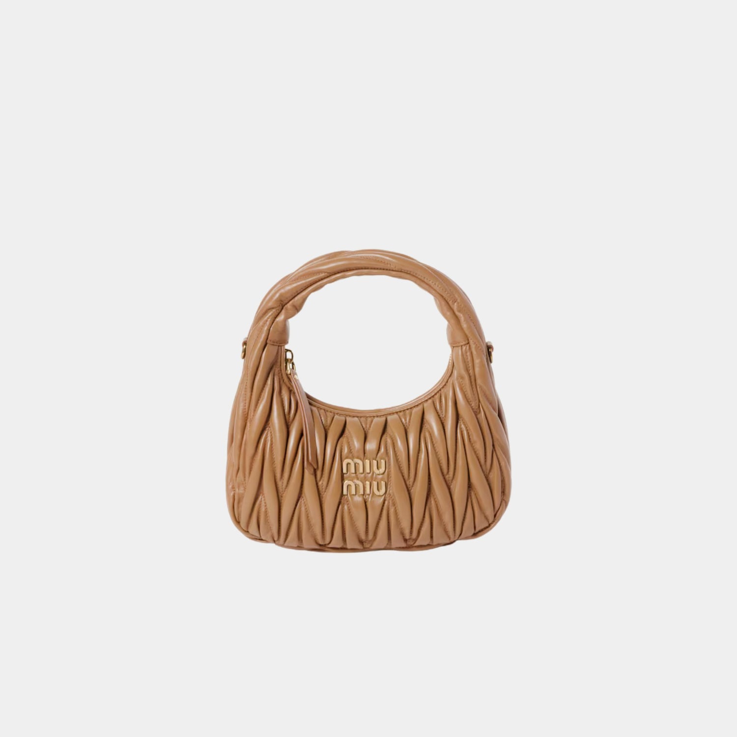 Miu Miu Wander Matelasse Nappa Leather Hobo Small Bag, Caramel, Front