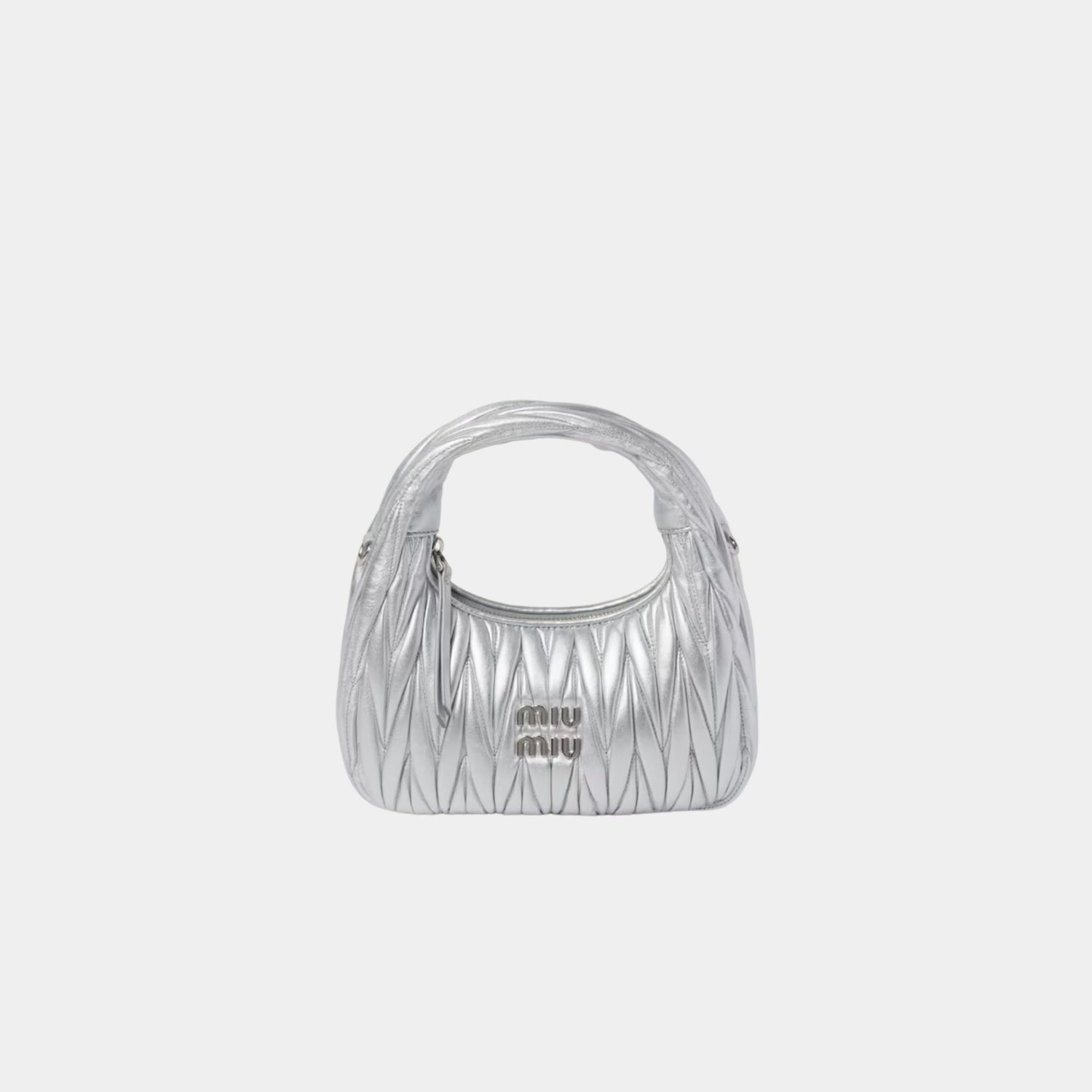 Miu Miu Wander Matelasse Nappa Leather Hobo Small Bag, Silver, Front