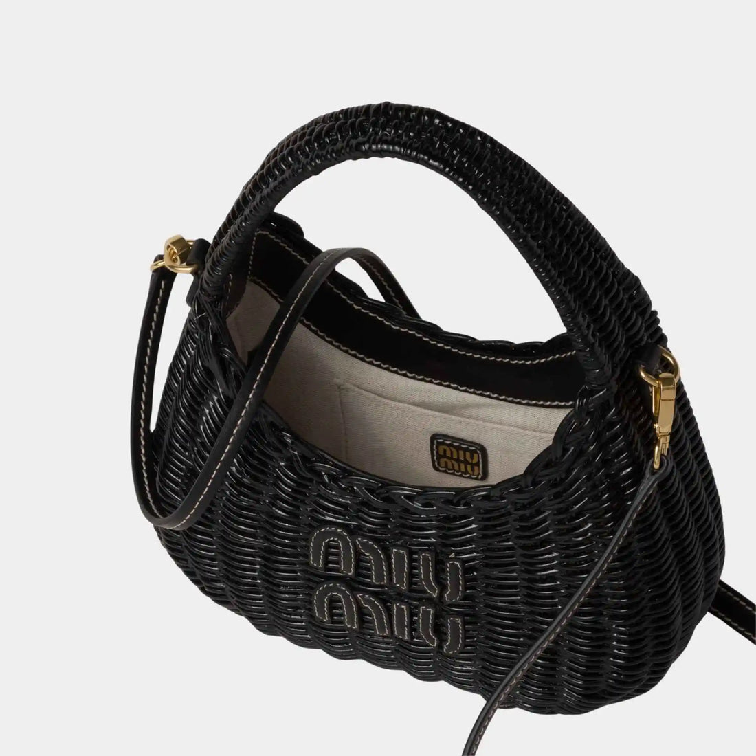 alt
Miu Miu Wander Wicker Hobo Bag، أسود، منظر داخلي