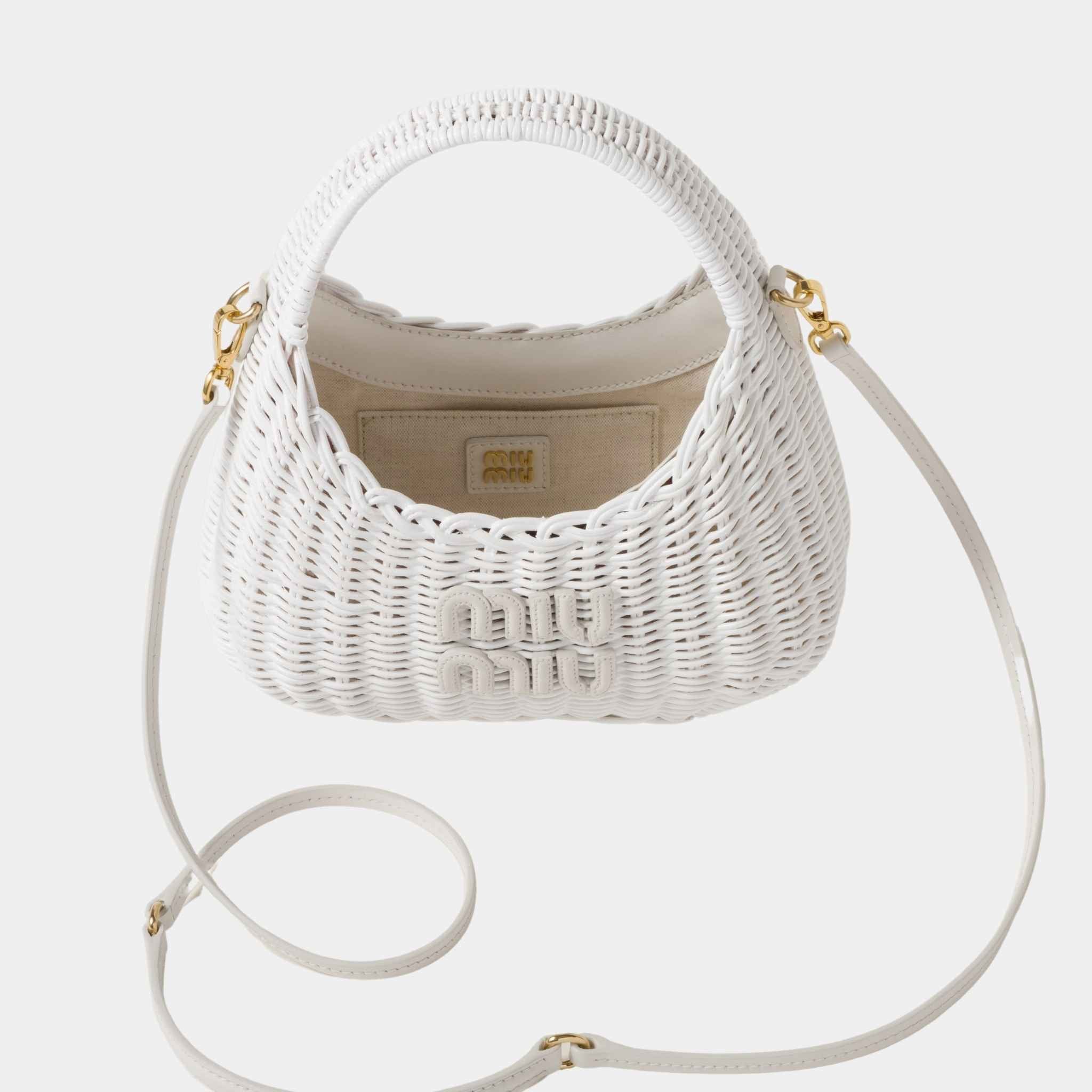 Miu Miu Wander Wicker Hobo Bag, White, Inside View