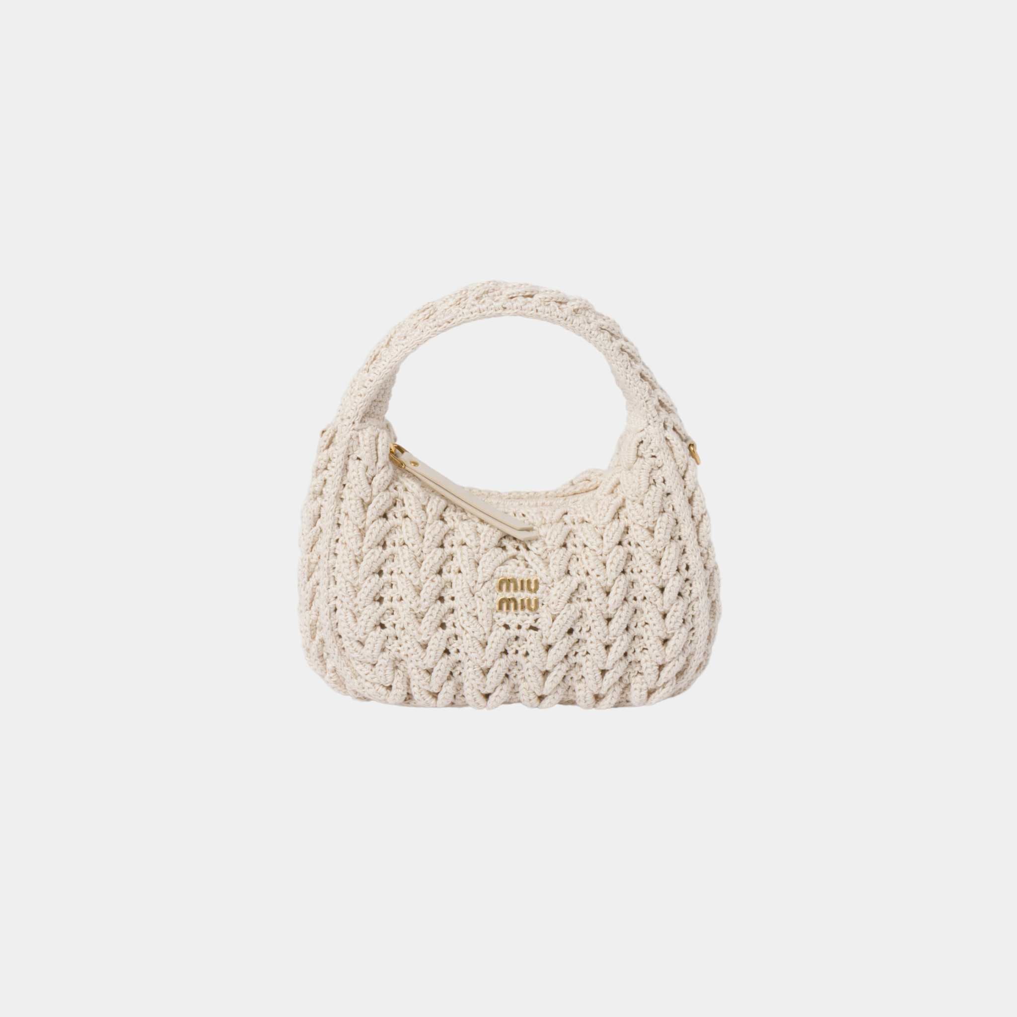 Miu Miu Wander Woven Cotton Hobo Bag, Chalk White, Front