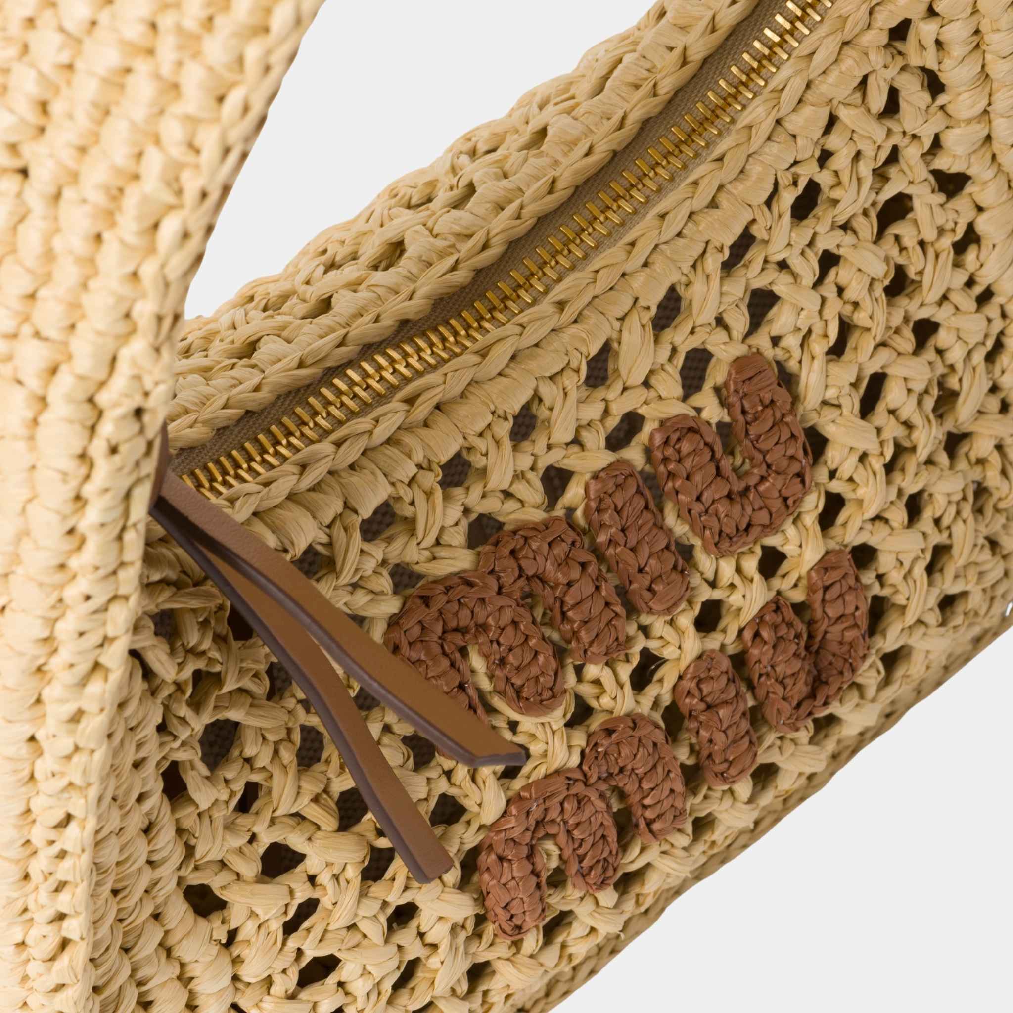 Miu Miu Wander Woven Fabric Hobo Bag, Beige and Cognac, Close View