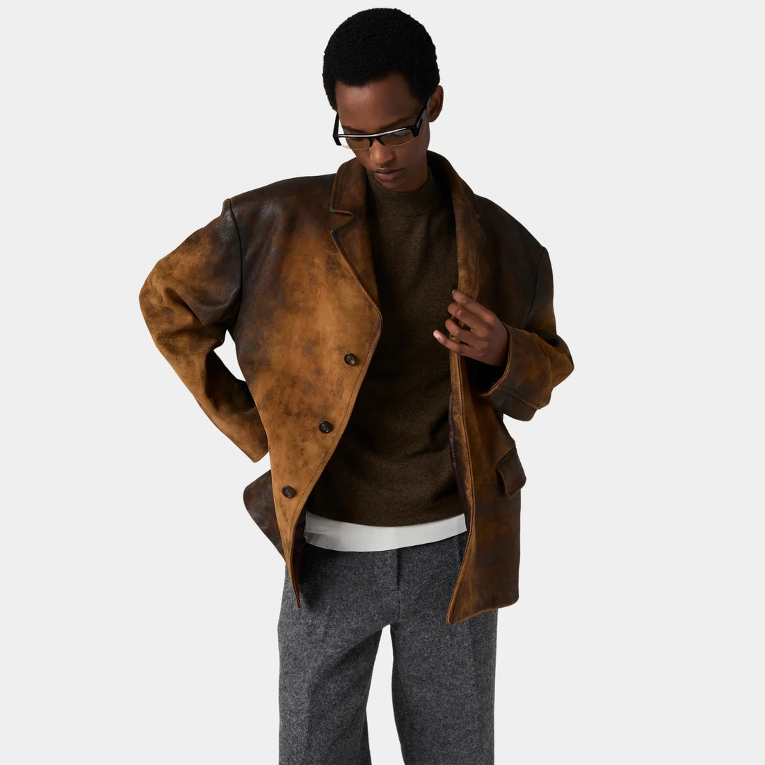 Miu Miu Waxed Suede Leather Buttoned Jacket, Cognac, Model, Front, Close
