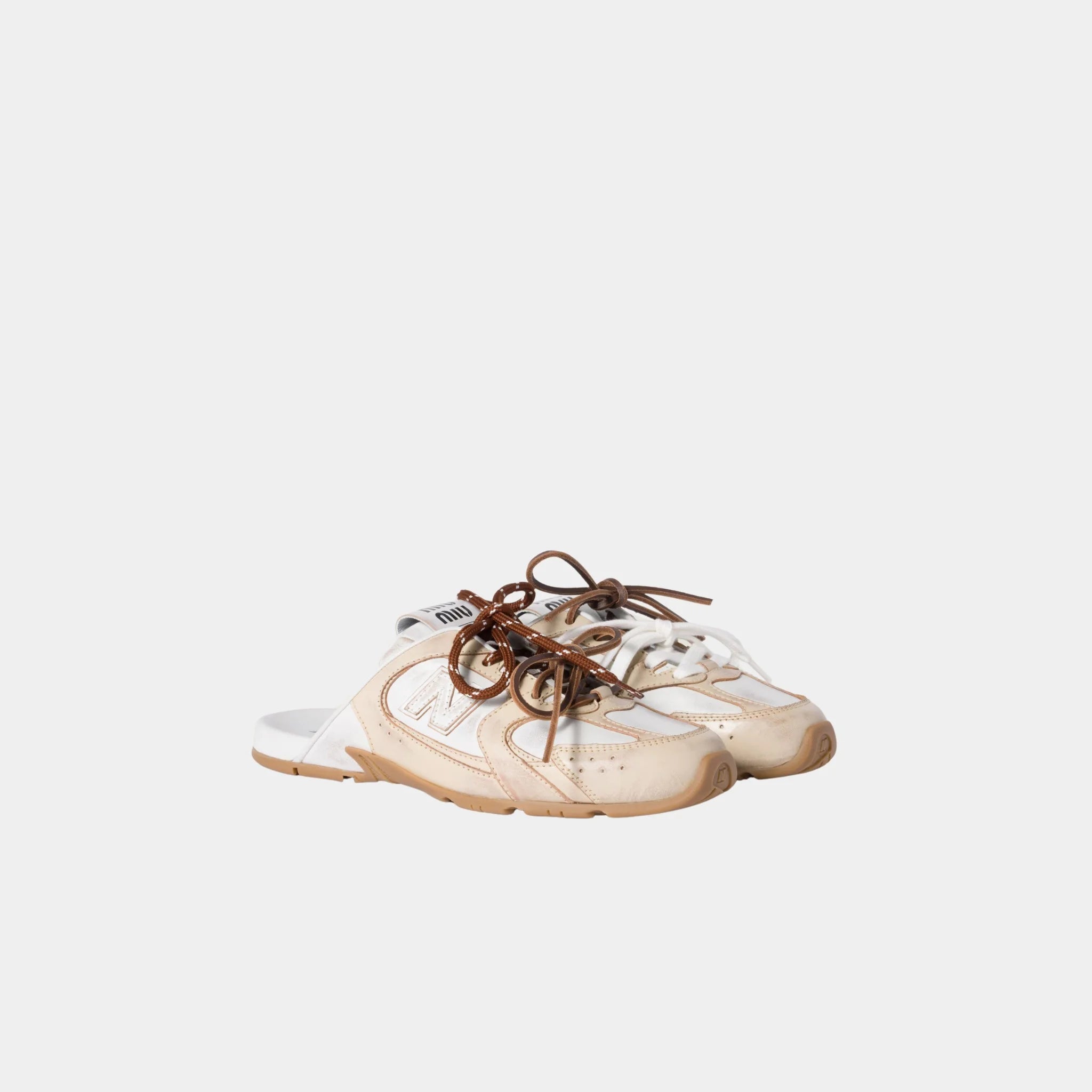 New Balance X Miu Miu 530 SL Deco Calf Leather Mules, Travertine Gray, White, Front