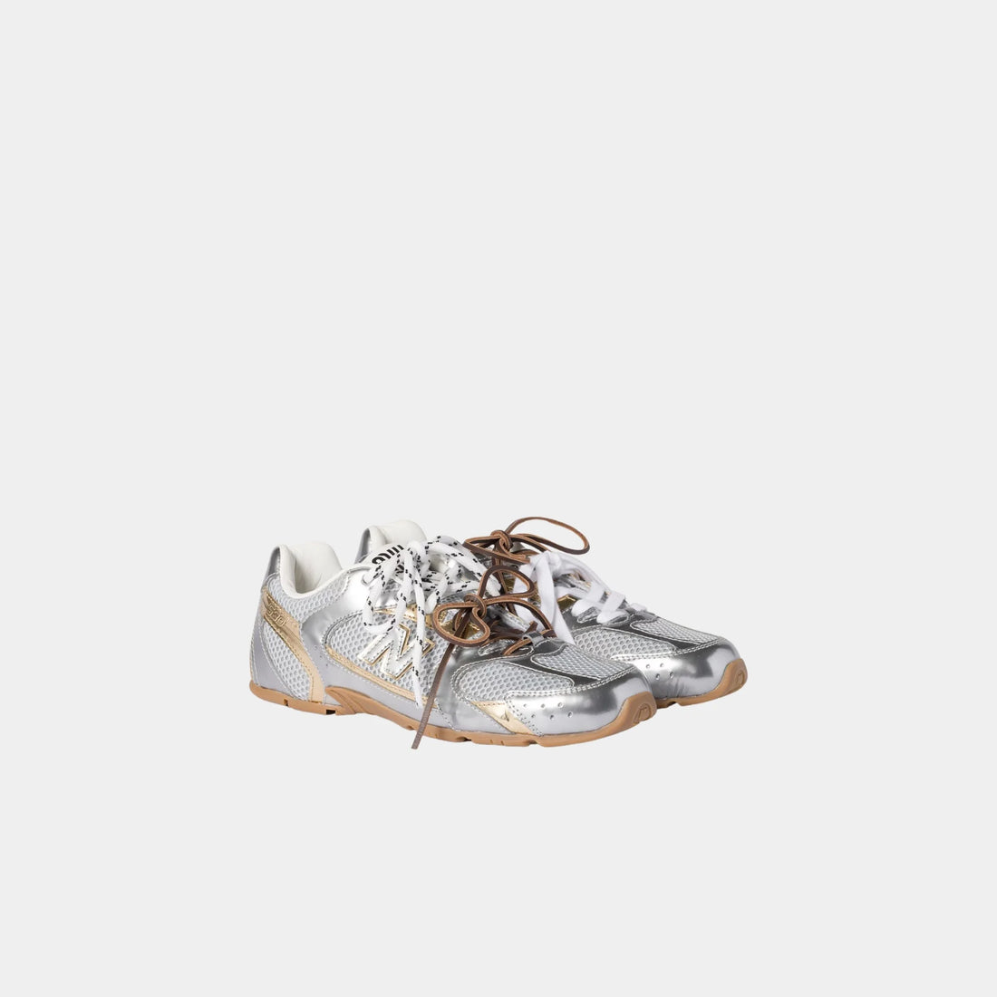 New Balance X Miu Miu 530 SL Metallic Leather and Mesh Sneakers, Silver, Platinum, Front