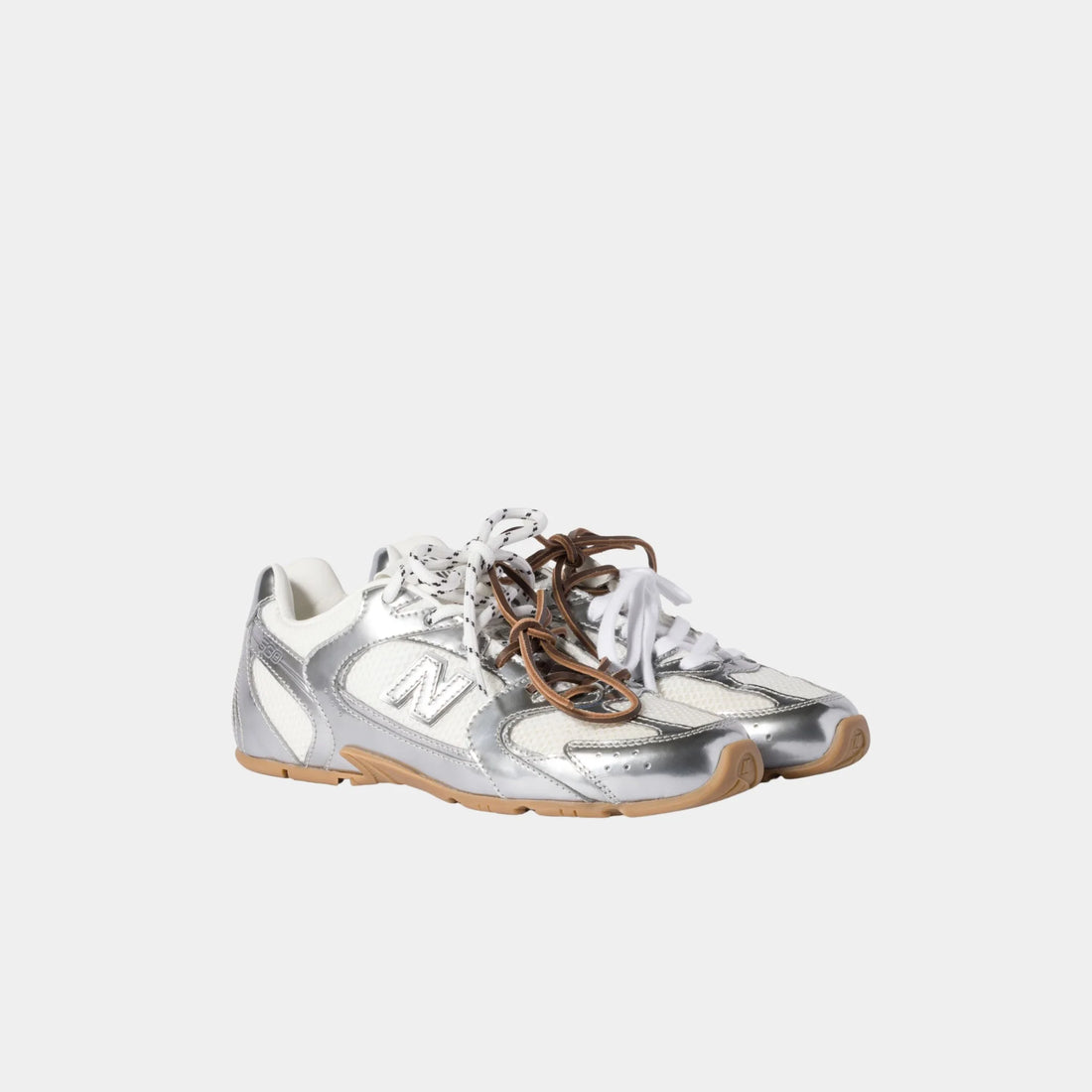 New Balance X Miu Miu 530 SL Shiny Metallic Leather &amp; Mesh Sneakers, Silver, Front