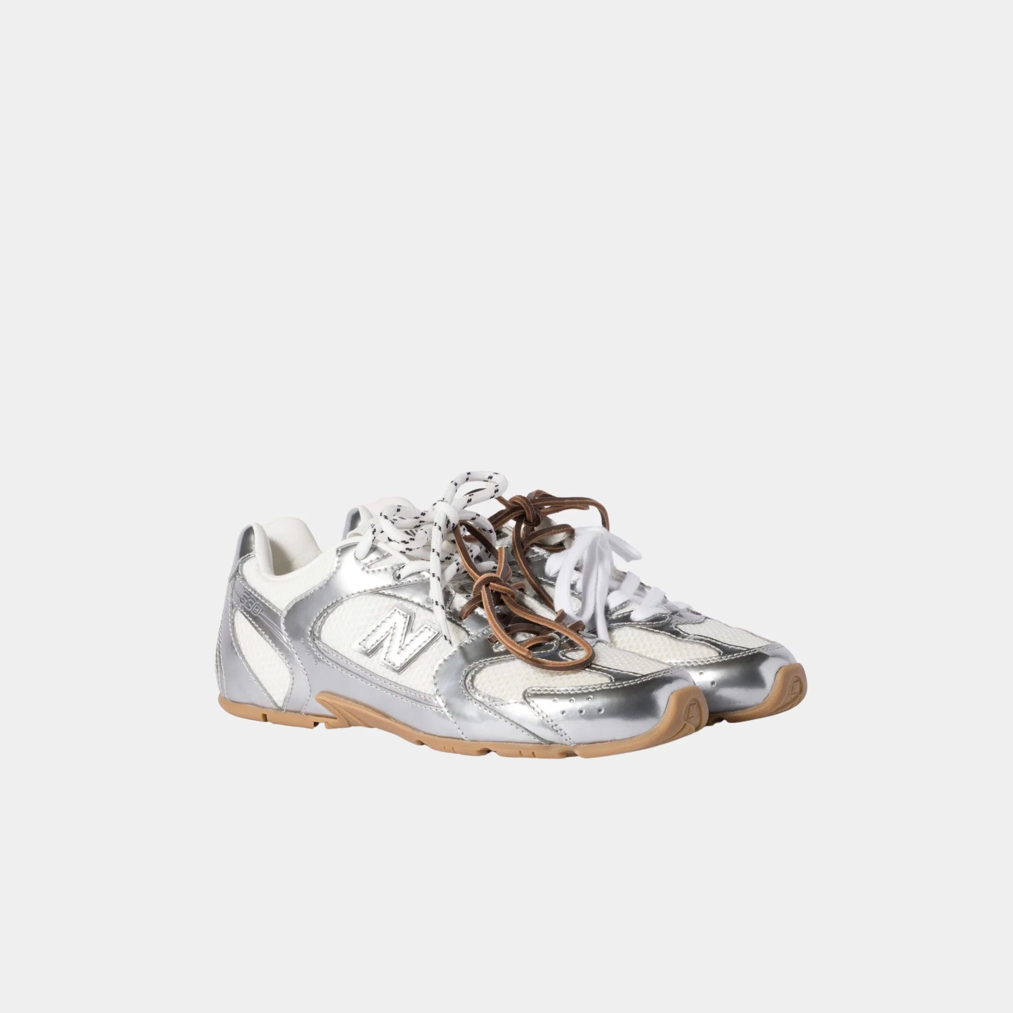 New Balance X Miu Miu 530 SL Shiny Metallic Leather &amp; Mesh Sneakers, Silver, Front