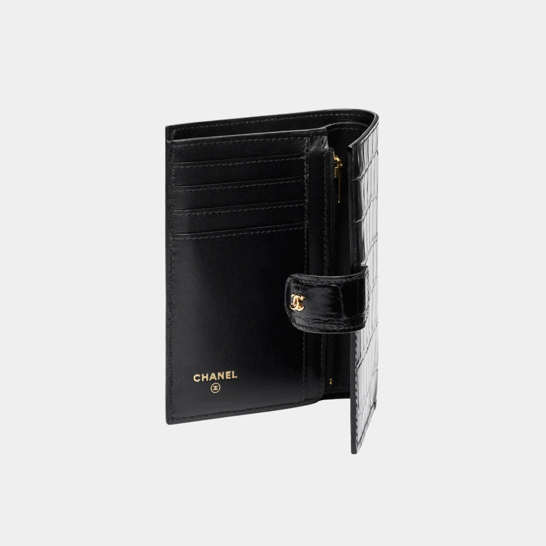 Chanel Passport Holder Crocodile Embossed Calfskin & Gold-Tone Metal, Black, Inside