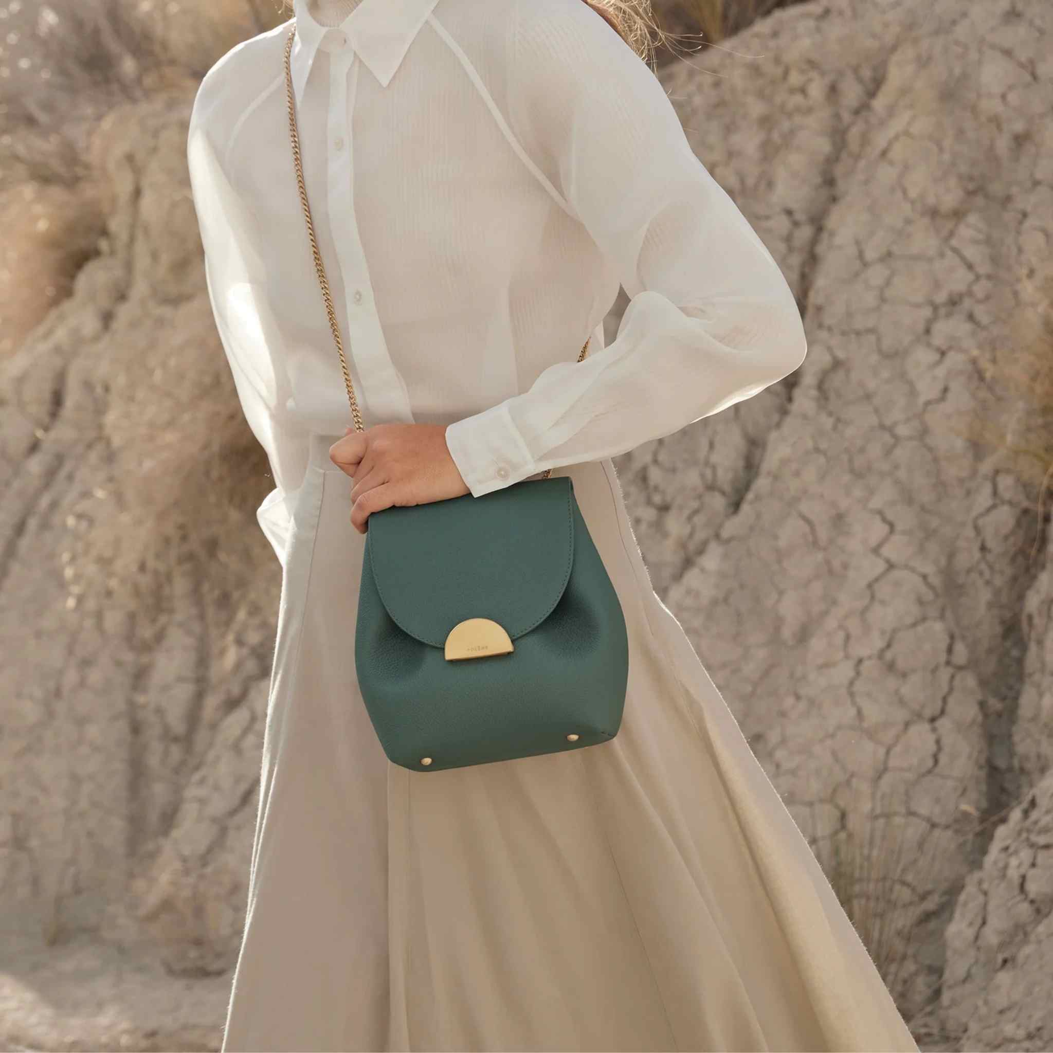 Polene Numero Un Mini Edition Handbag, Textured Ivy, Model Carrying 