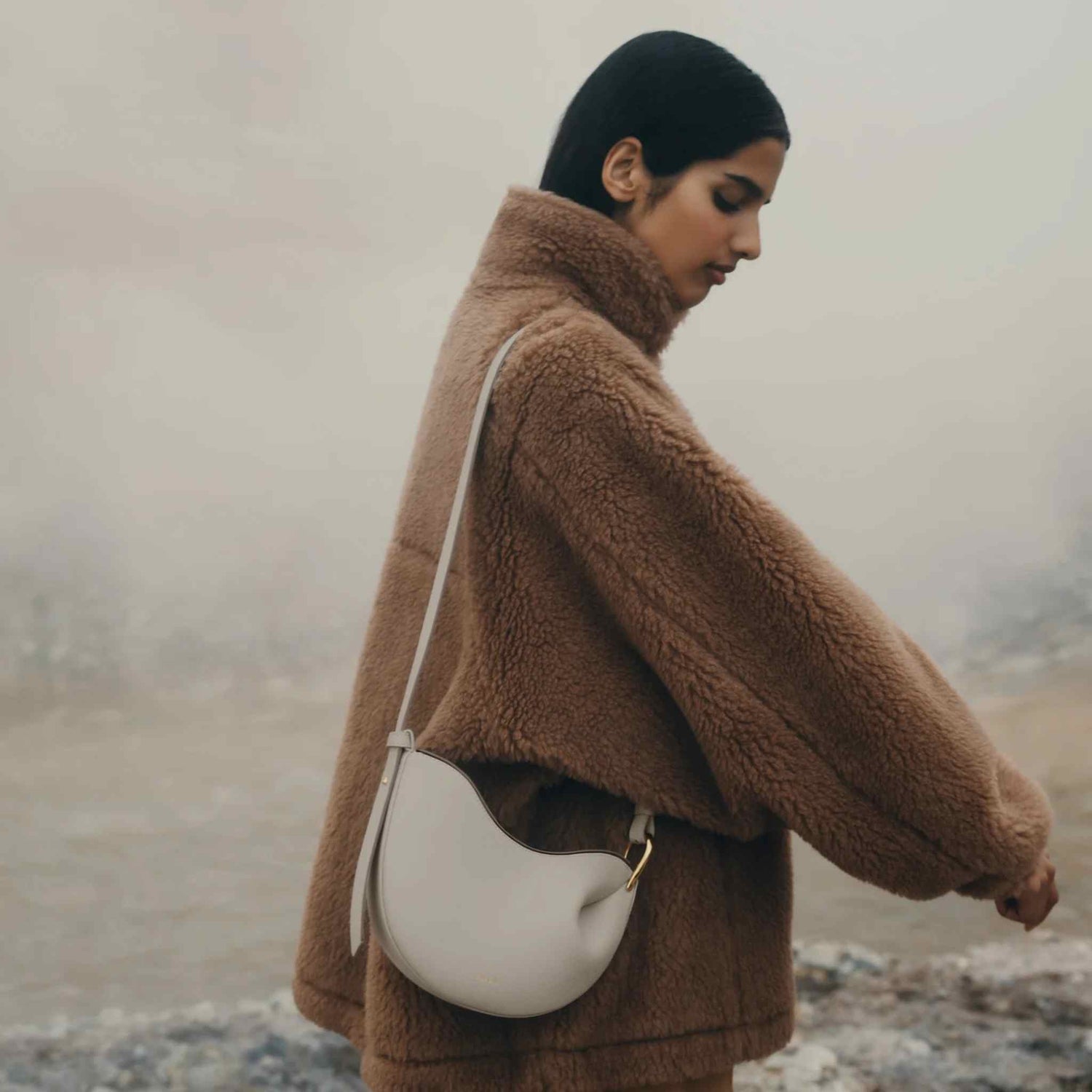 Polene Tonca Textured Chalk Handbag, model, Wearing The Bag