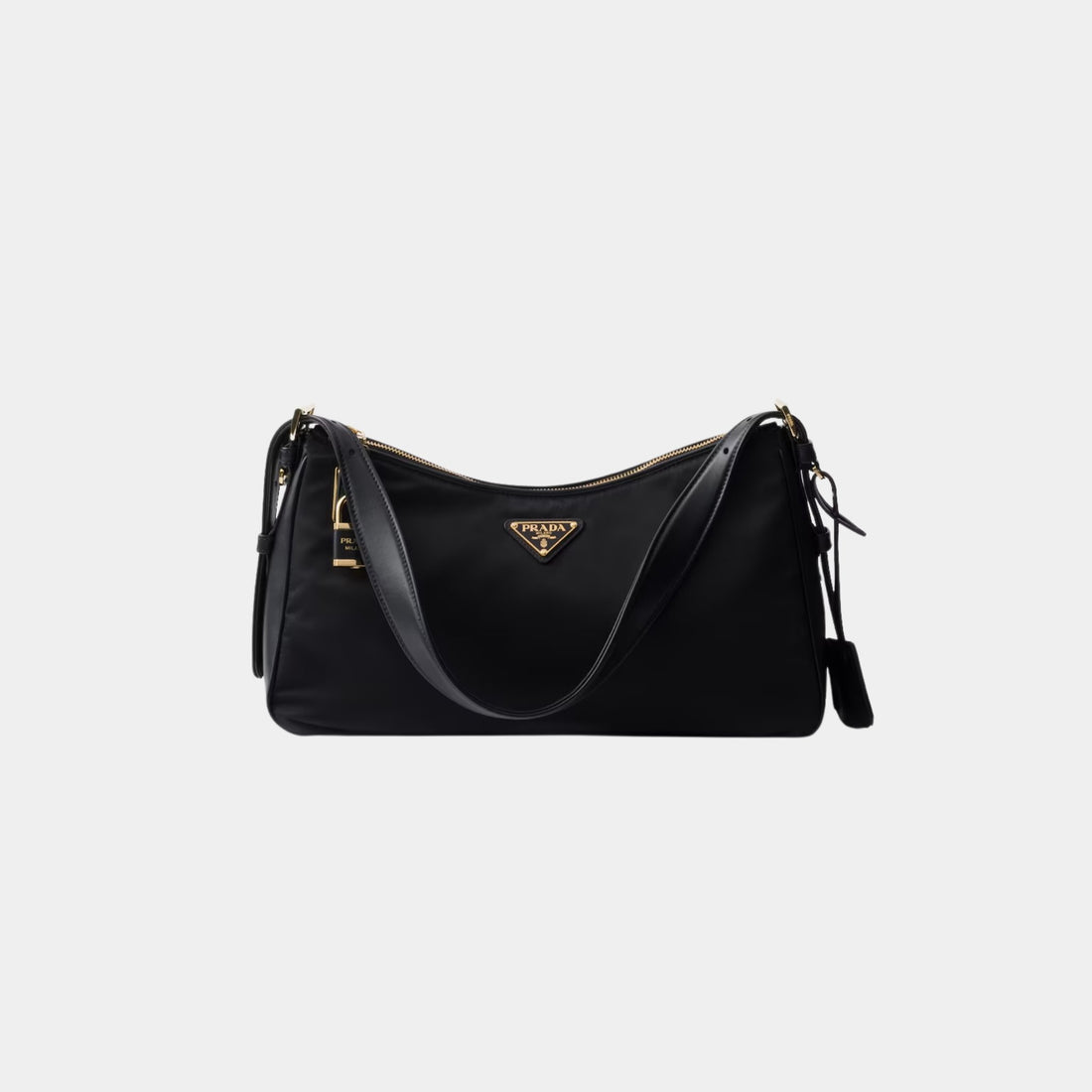 Prada Aimee Large Re-Nylon And Leather Shoulder Bag With Padlock, Black, Front