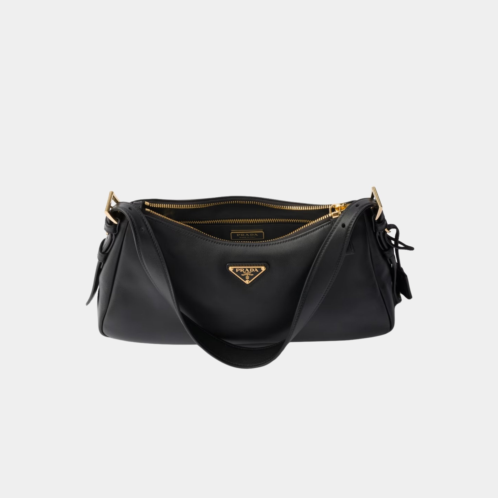 Prada Aimee Medium Leather Shoulder Bag, Black, Open