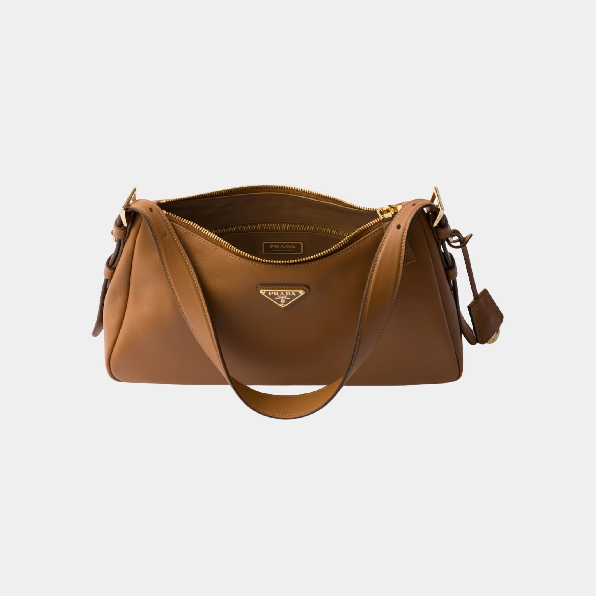 Prada Aimee Medium Leather Shoulder Bag, Caramel, Open