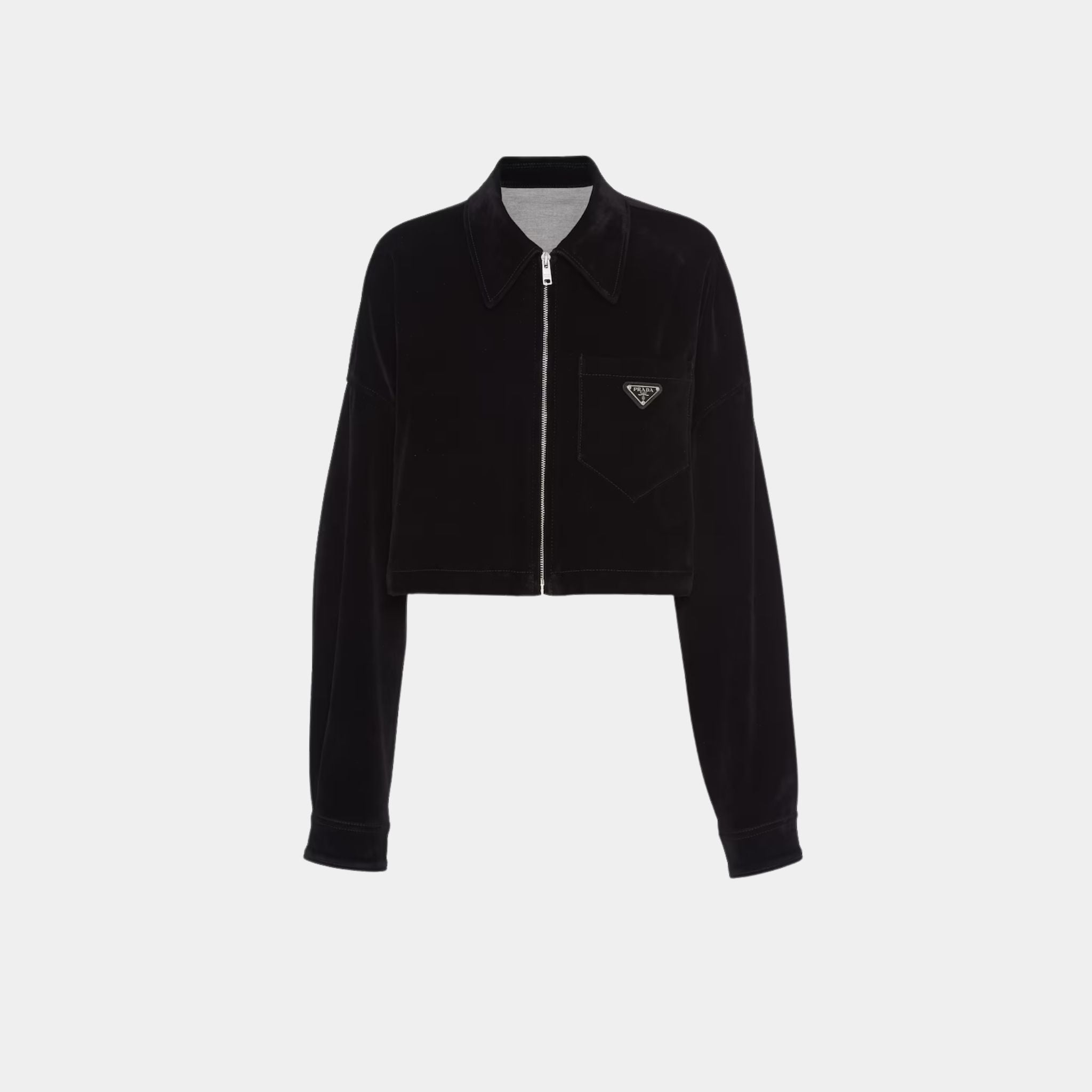 Prada Black Velvet Boxy Denim Blouson Jacket, Front