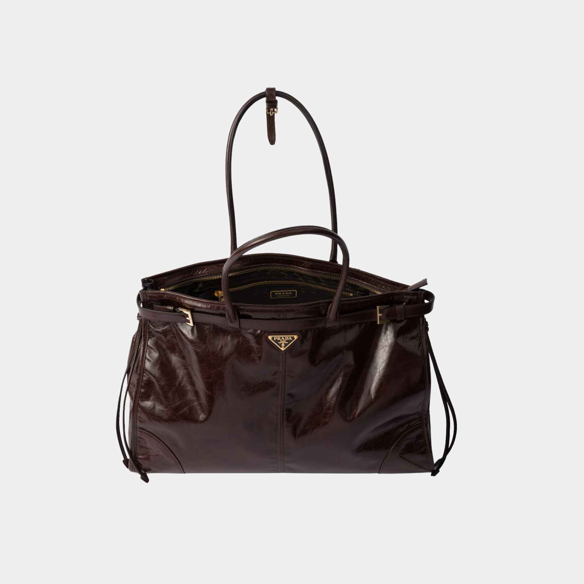 Prada Bonnie Extra Large Calfskin Leather Handbag, Dark Brown, Open