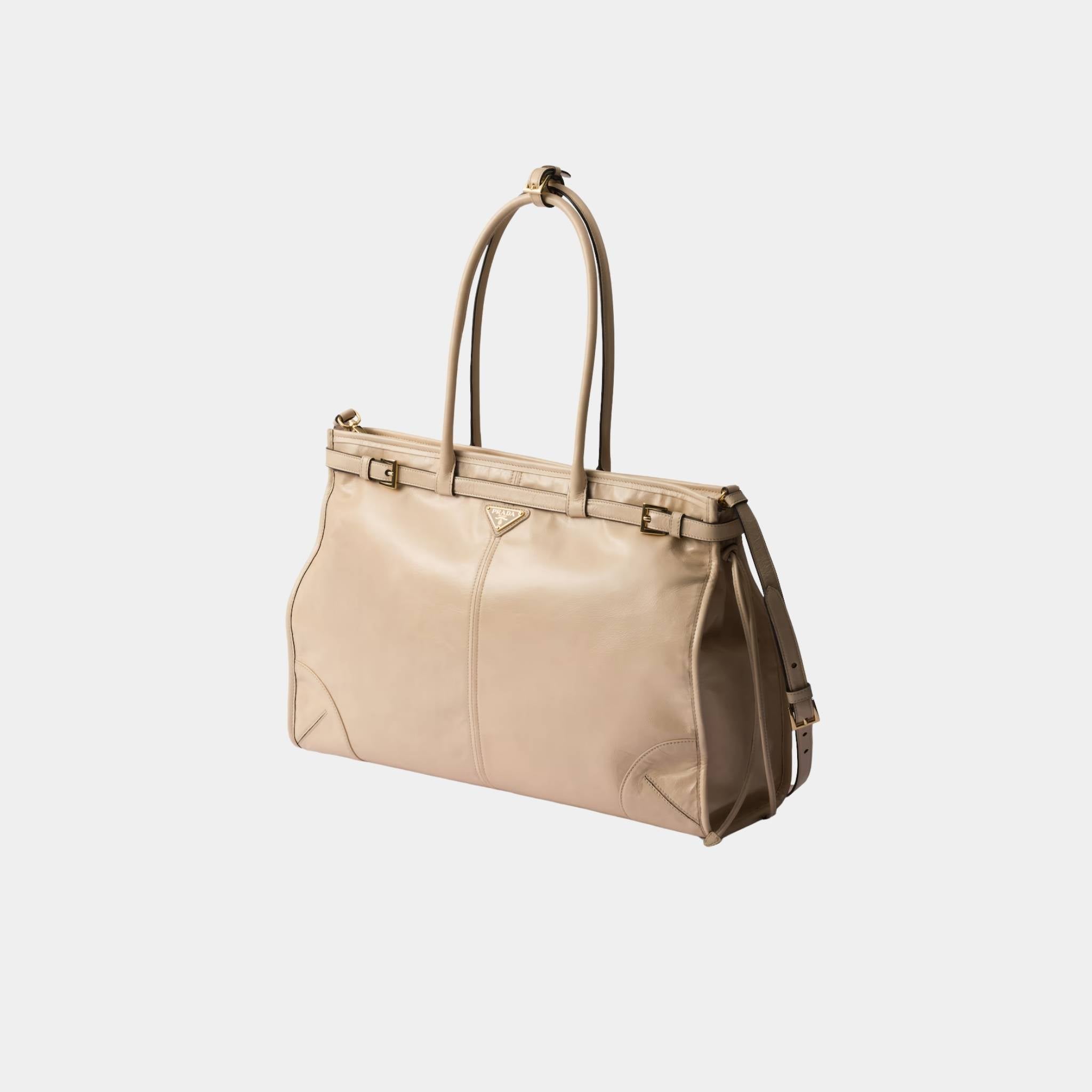 Prada Bonnie Extra Large Calfskin Leather Handbag, Travertine, Side