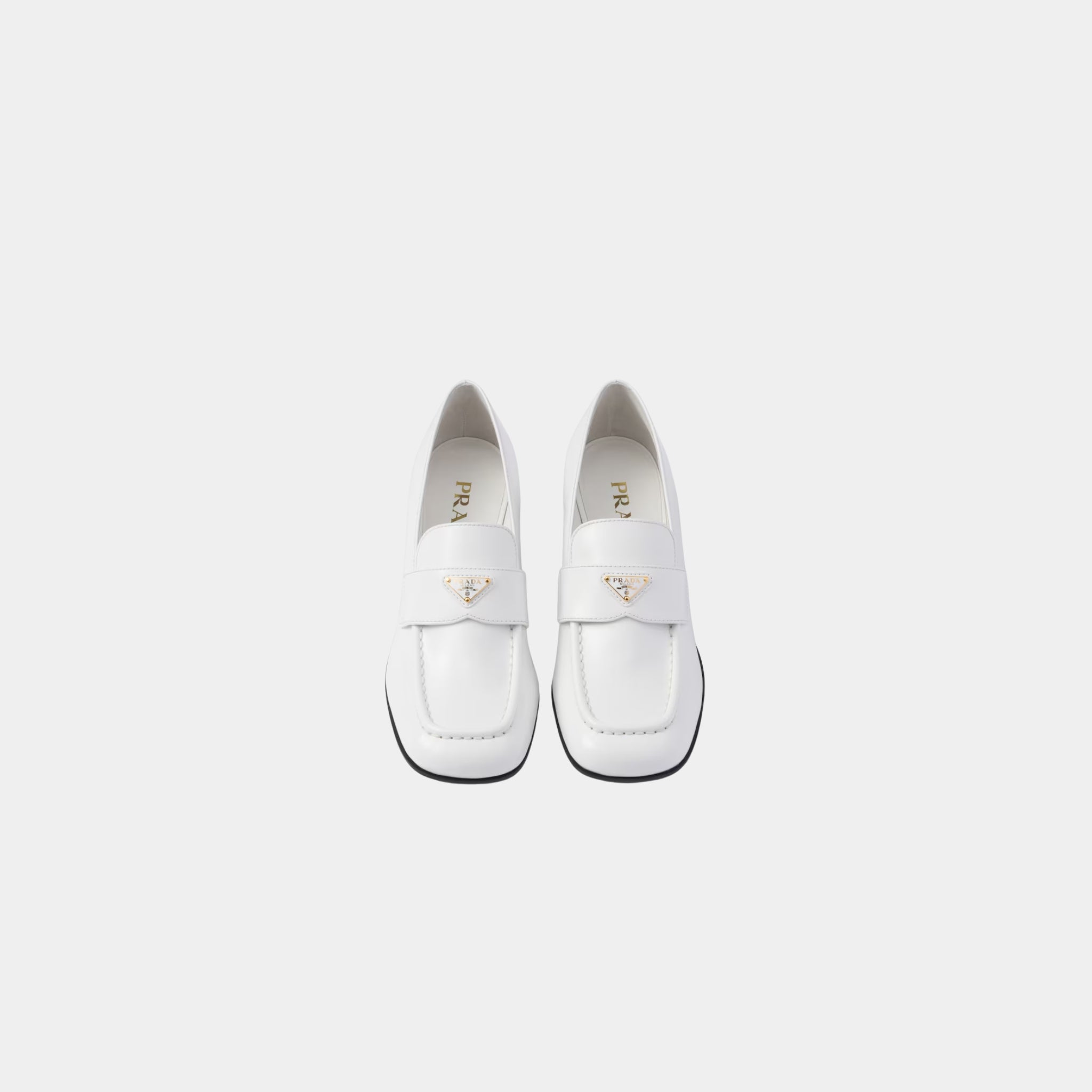 Prada Brushed Leather Heeled Loafers, White, Top