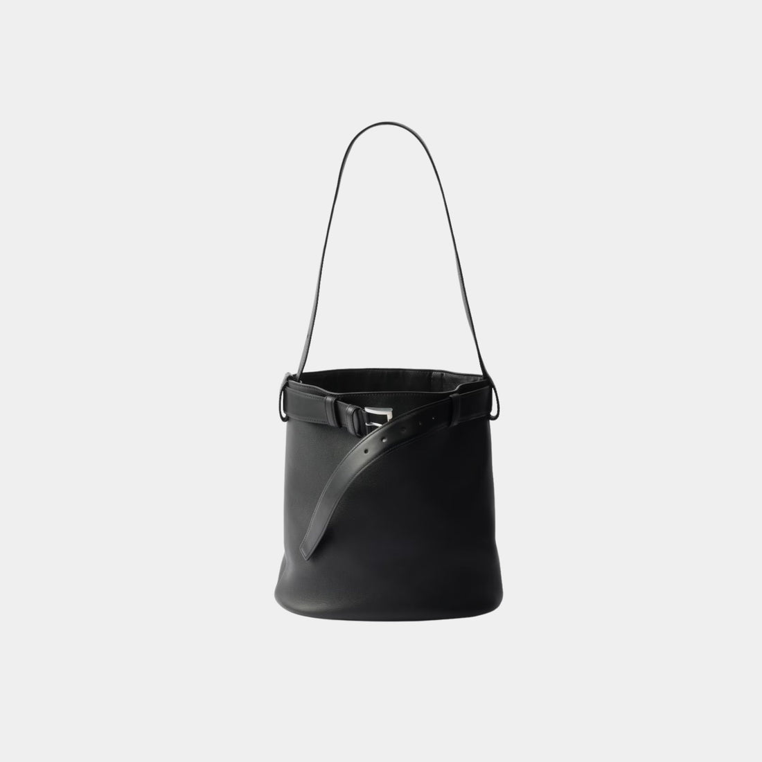 Prada Buckle Leather Bucket Bag With Belt, Black, Front