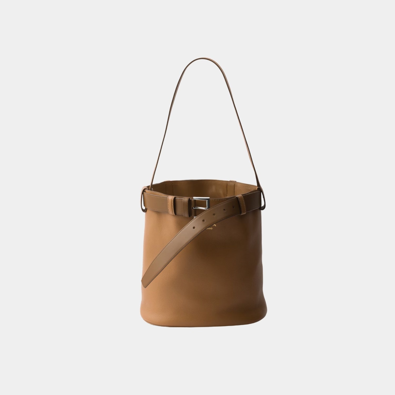 Prada Buckle Leather Bucket Bag With Belt, Caramel, Front