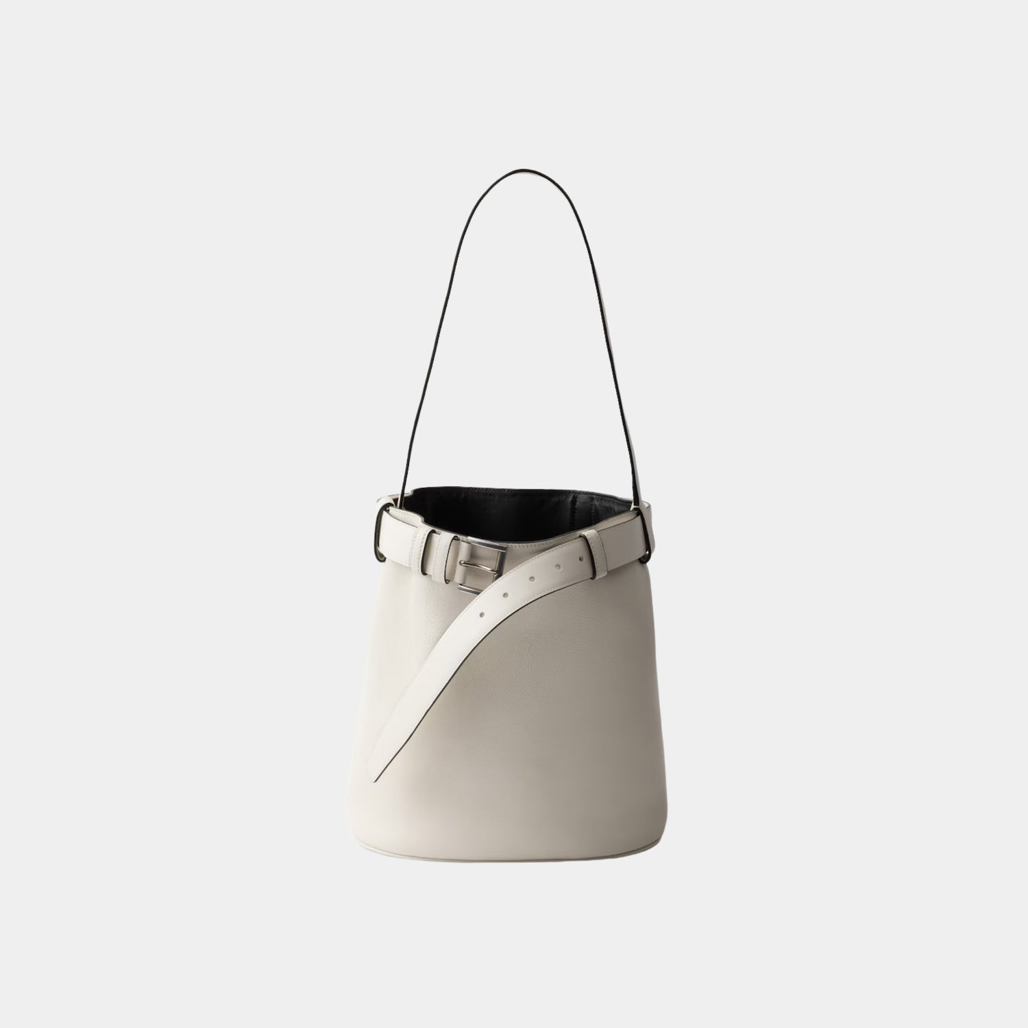 Prada Buckle Leather Bucket Bag With Belt, White, Black, Front