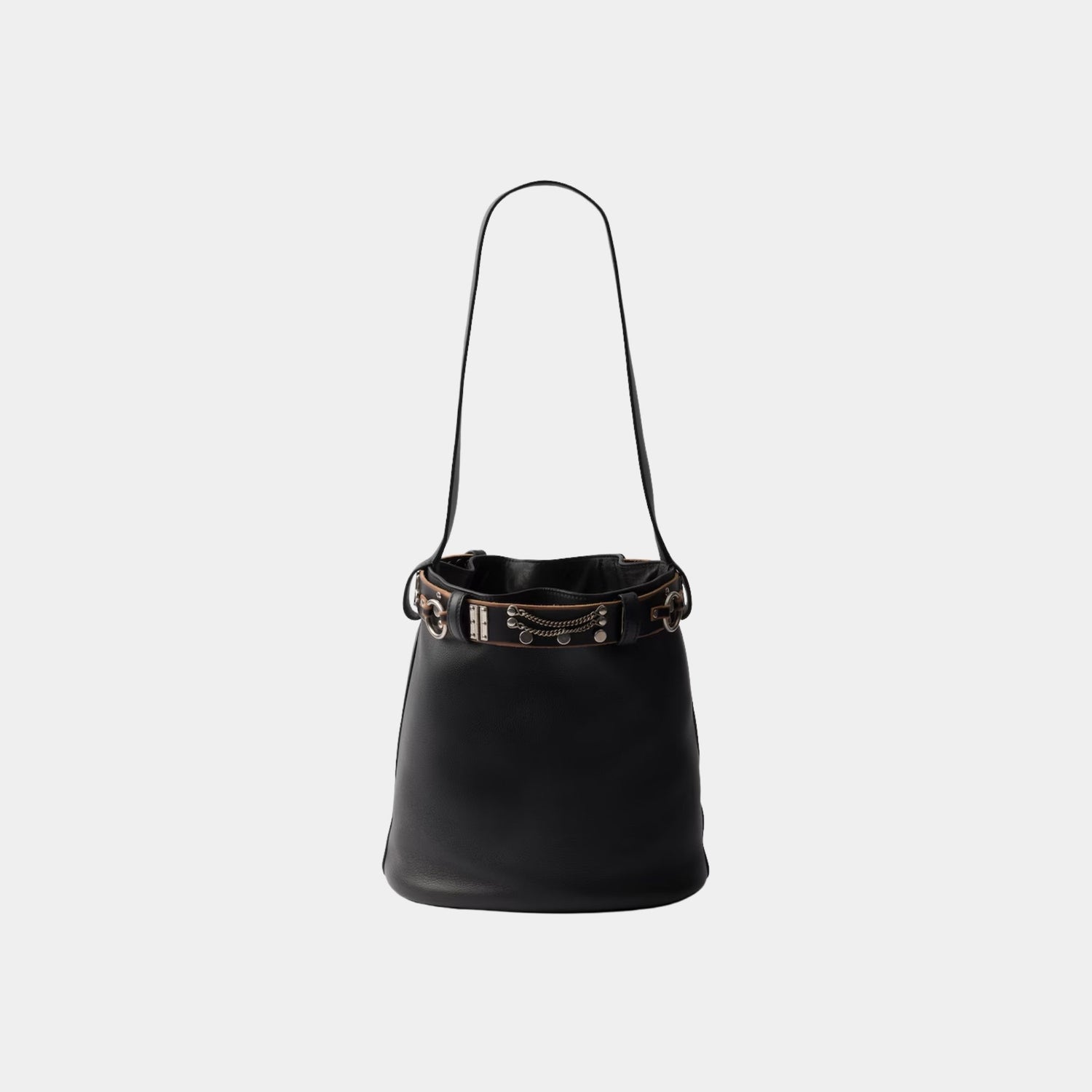 Prada Buckle Leather Bucket Bag With Studded Belt, Black, Back