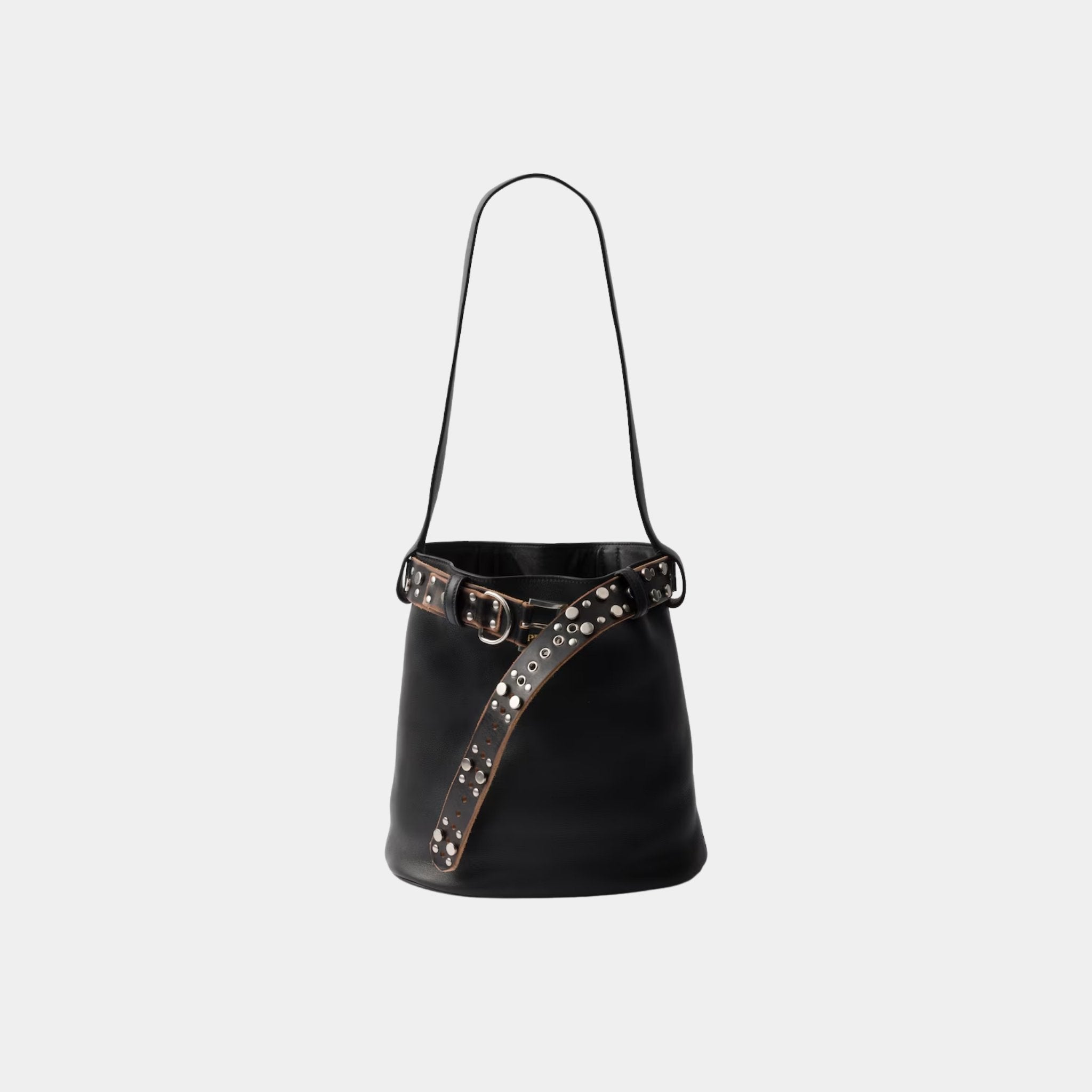 Prada Buckle Leather Bucket Bag With Studded Belt, Black, Front