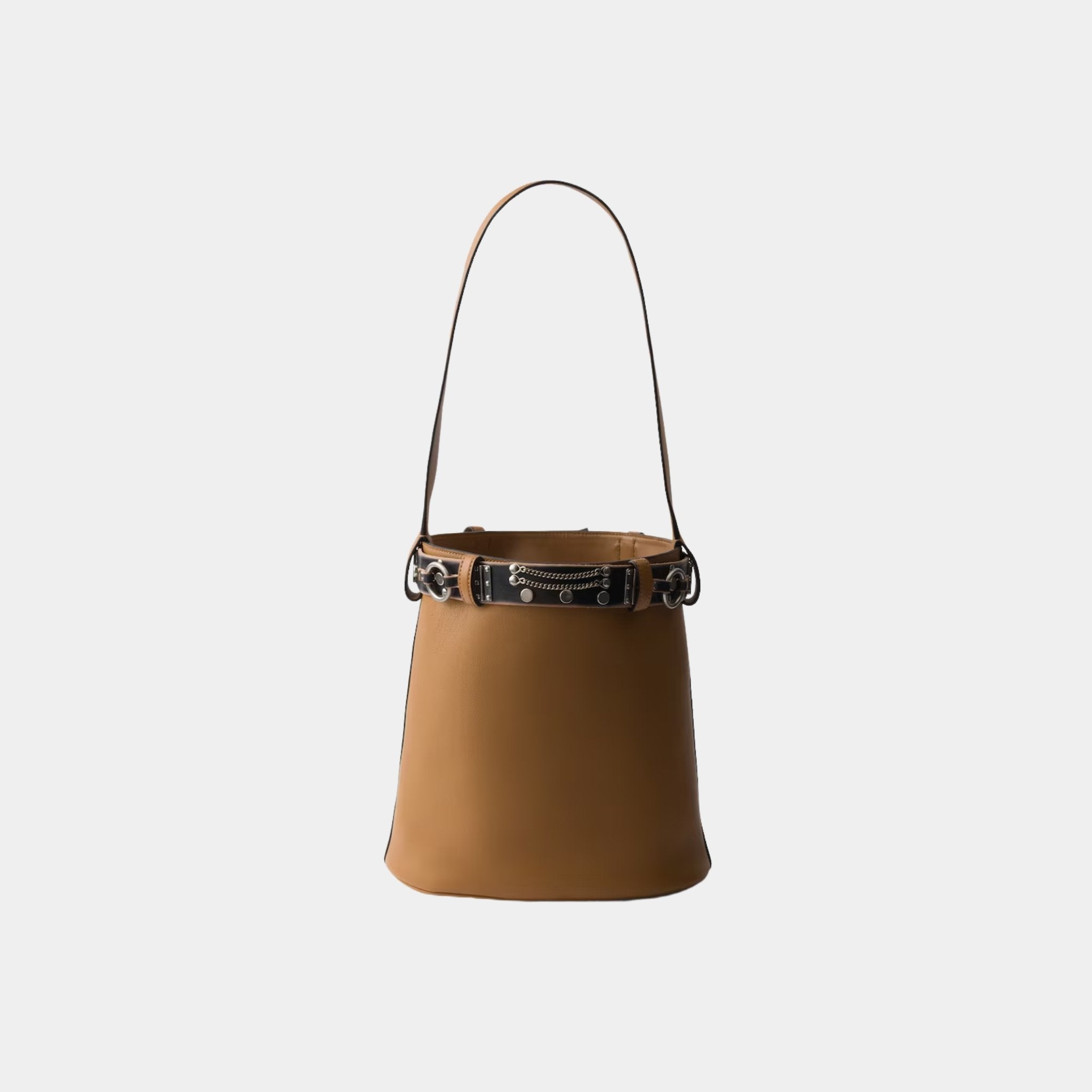 Prada Buckle Leather Bucket Bag With Studded Belt, Caramel, Black, Back