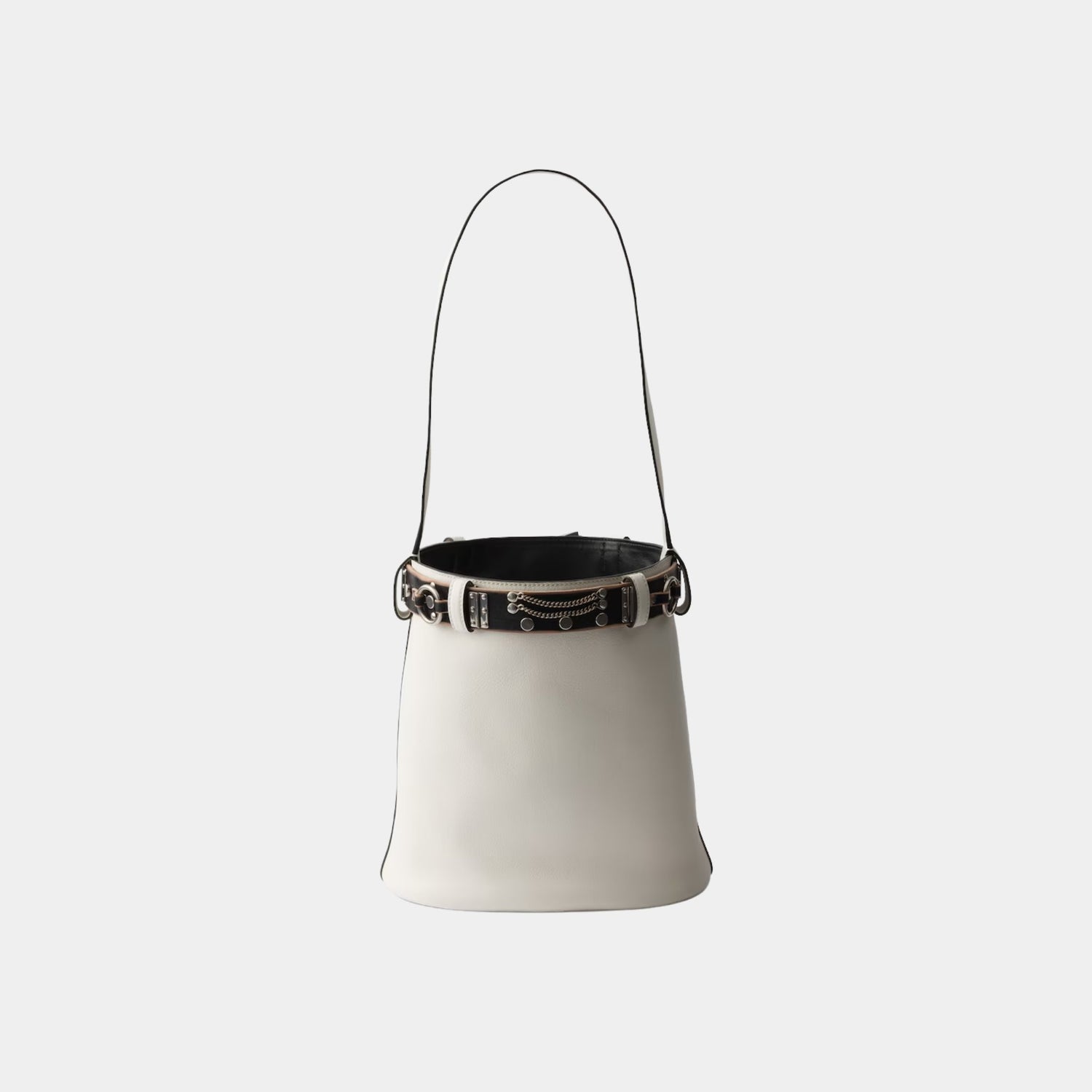 Prada Buckle Leather Bucket Bag With Studded Belt, White, Black, Back