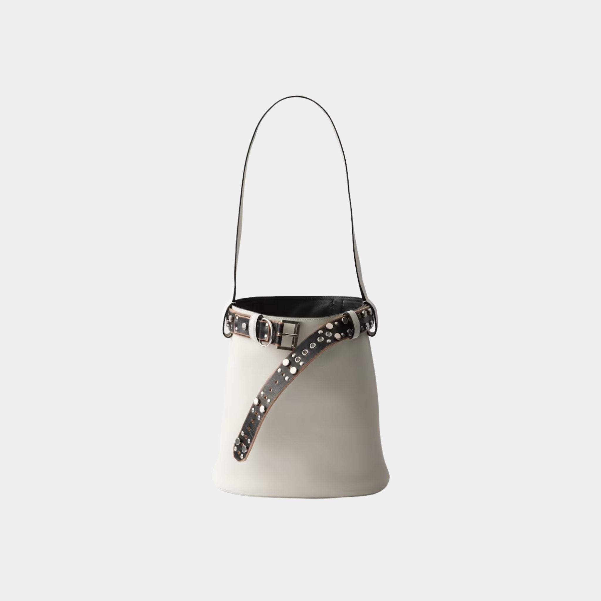 Prada Buckle Leather Bucket Bag With Studded Belt, White, Black, Front