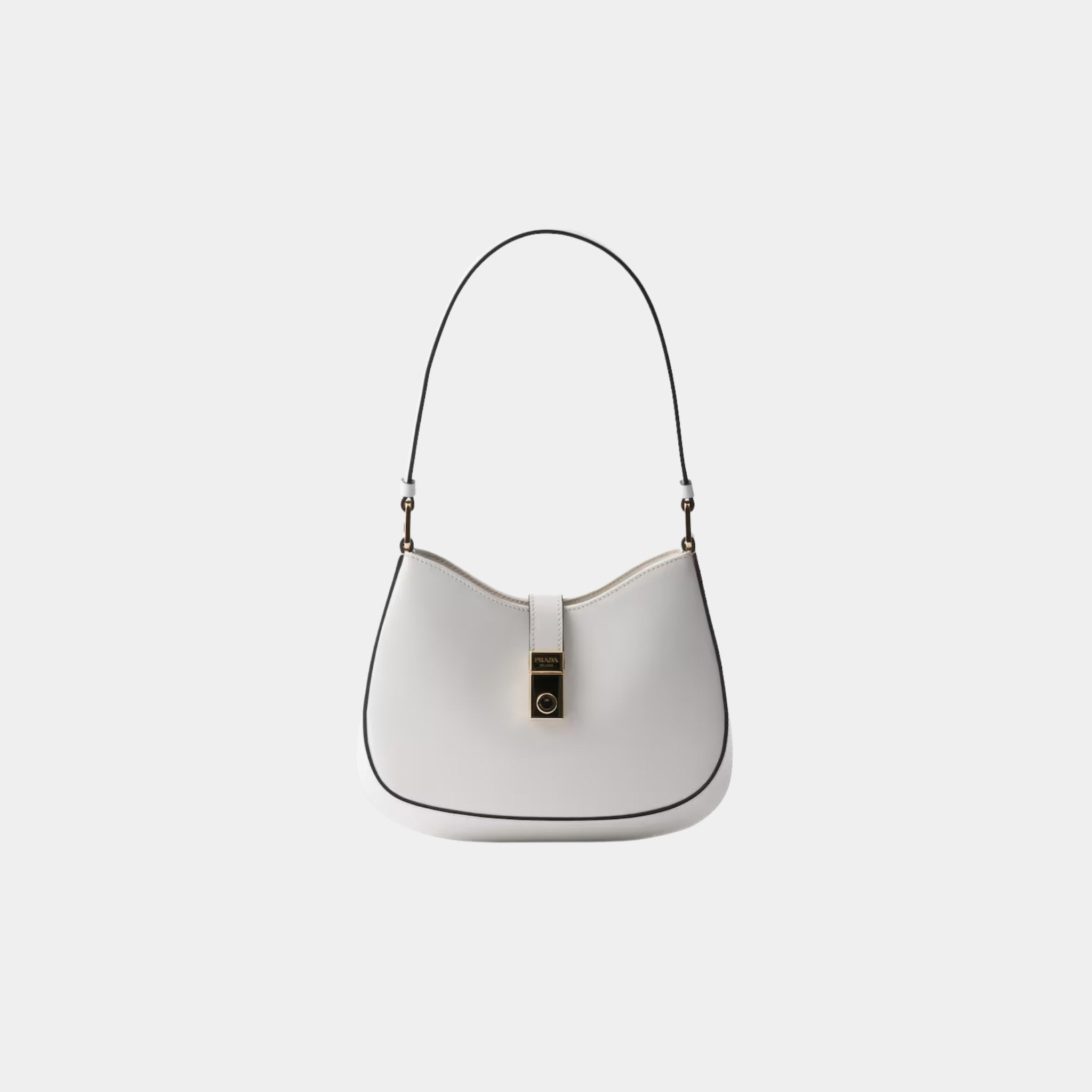 Prada Cleo Brushed Leather Shoulder Bag With Clasp Closure, White, Front