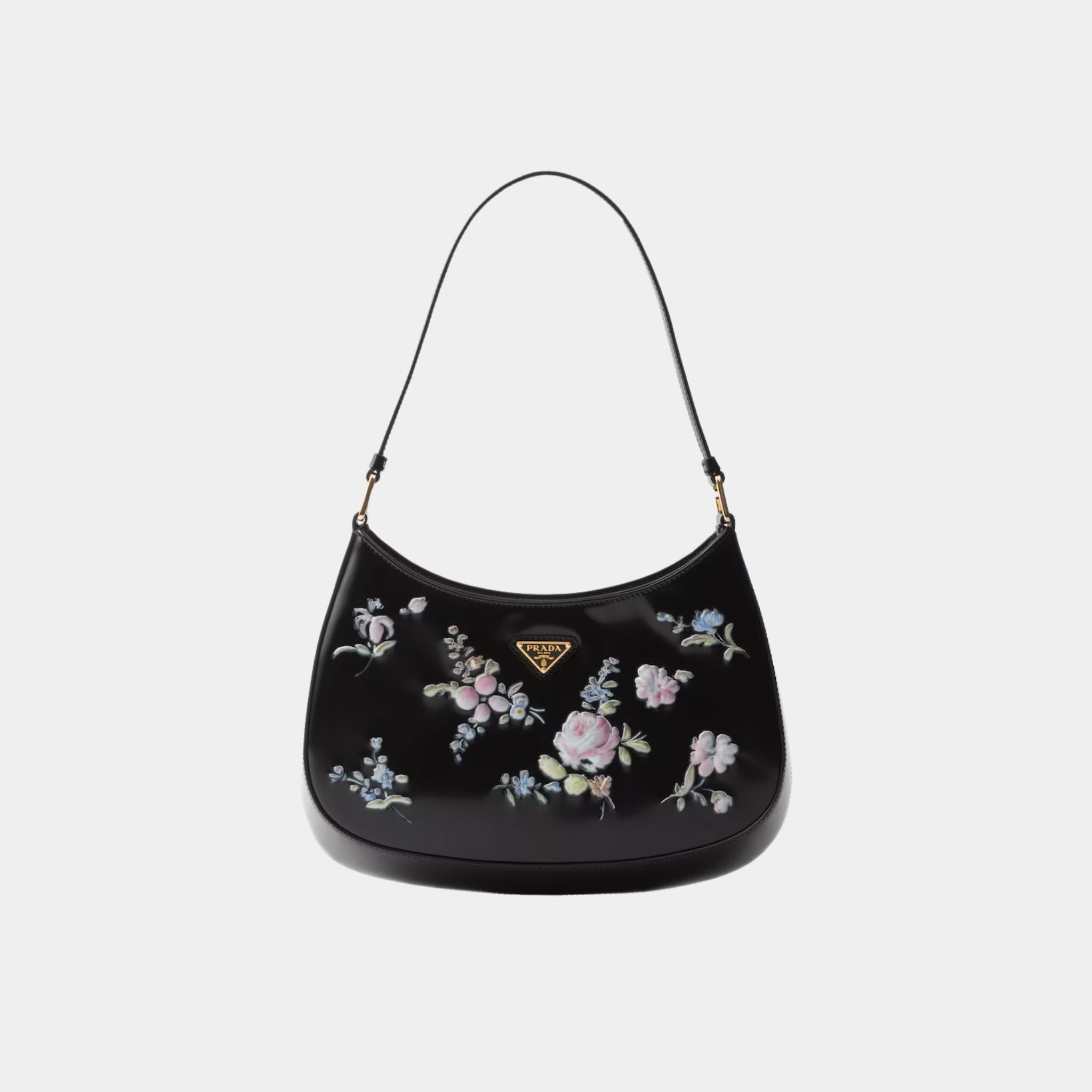 Prada Cleo Printed Brushed Leather Shoulder Bag, Black, Front